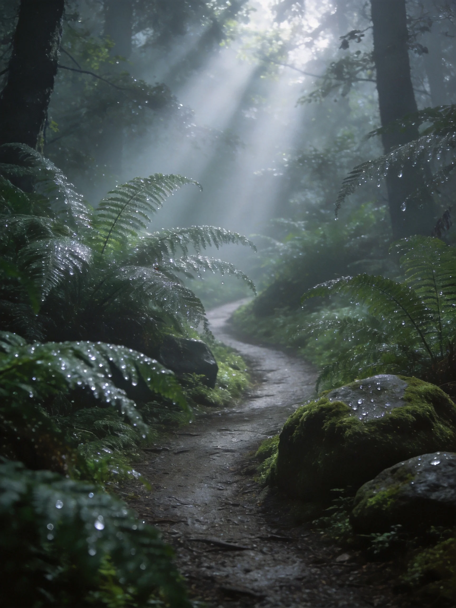 Misty Forest Path With Ferns and Sunbeams