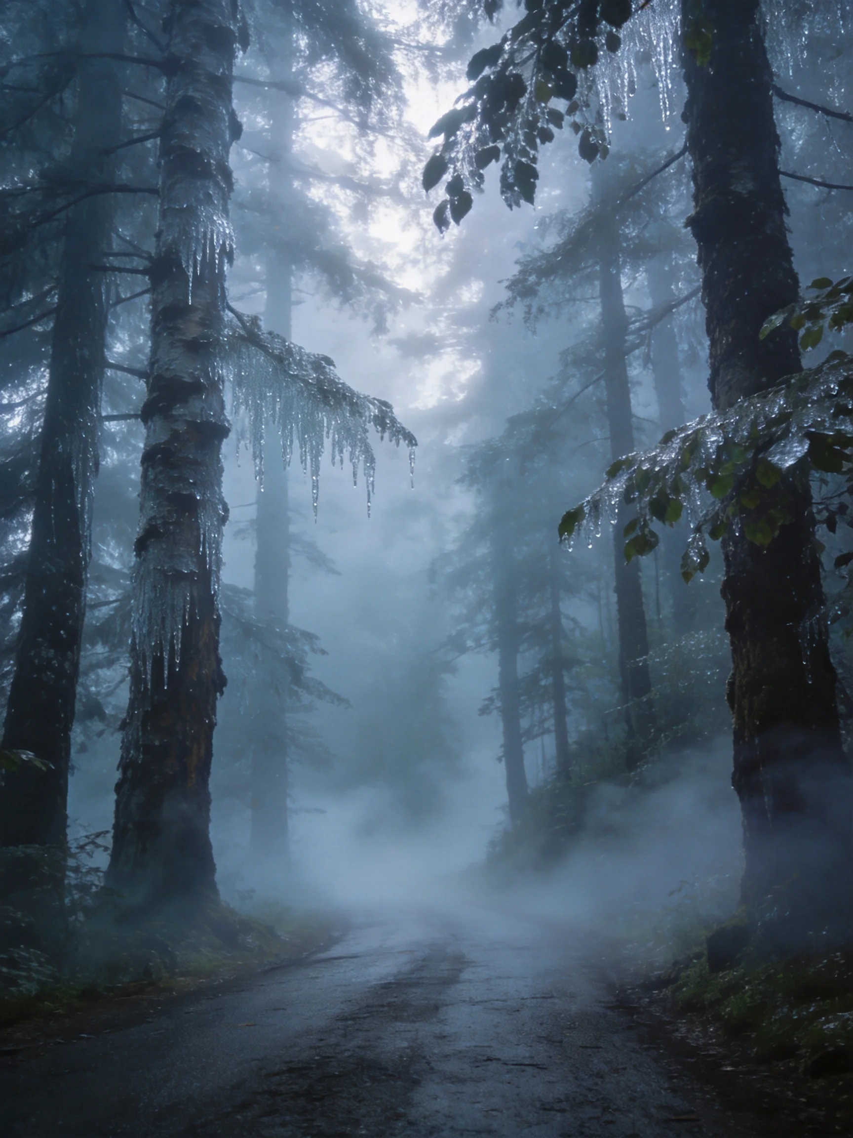 Misty Forest Path With Icy-Topped Tall Trees