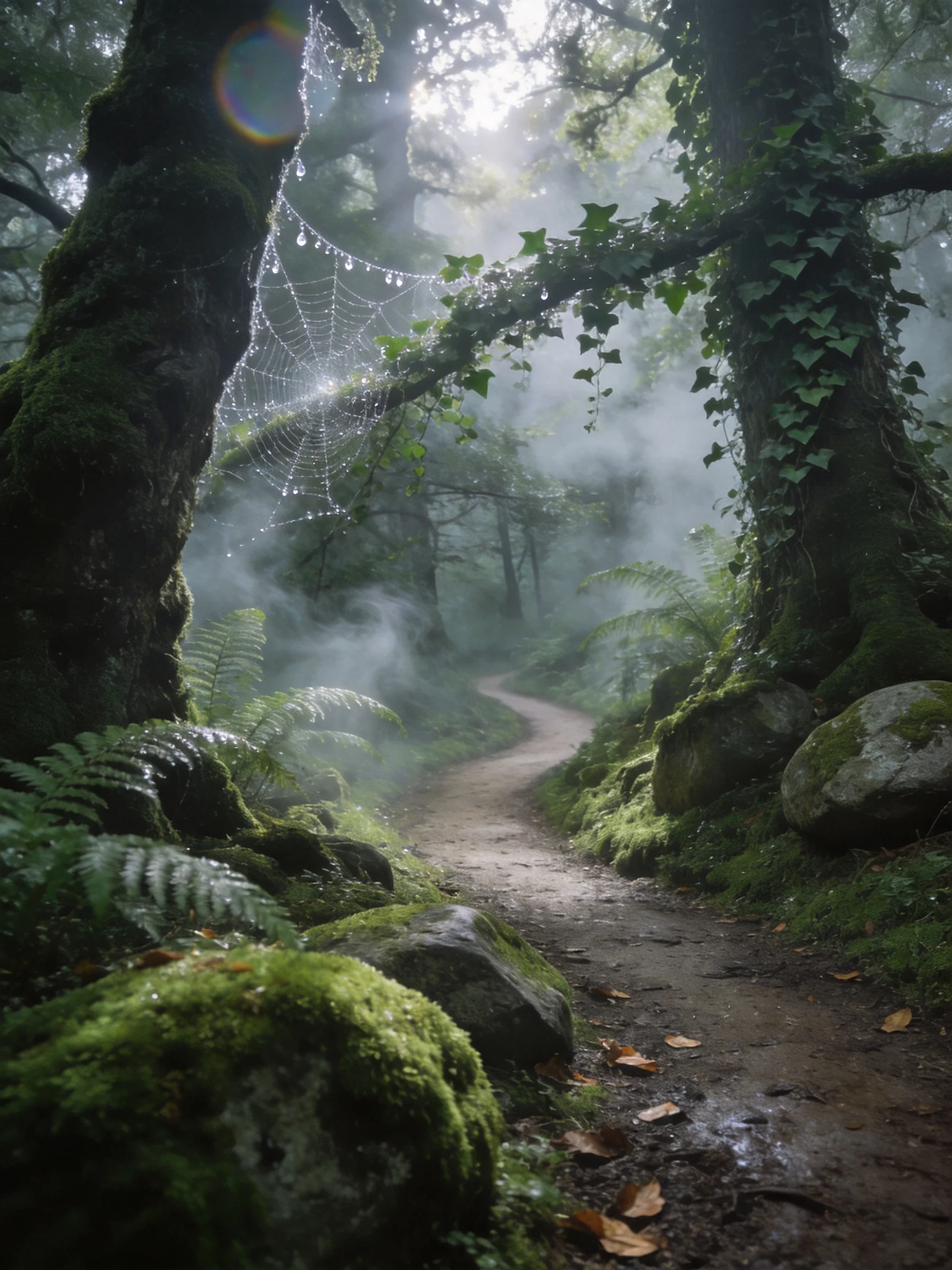 Misty Forest Path With Moss-Covered Trees and Dewy Spider Web