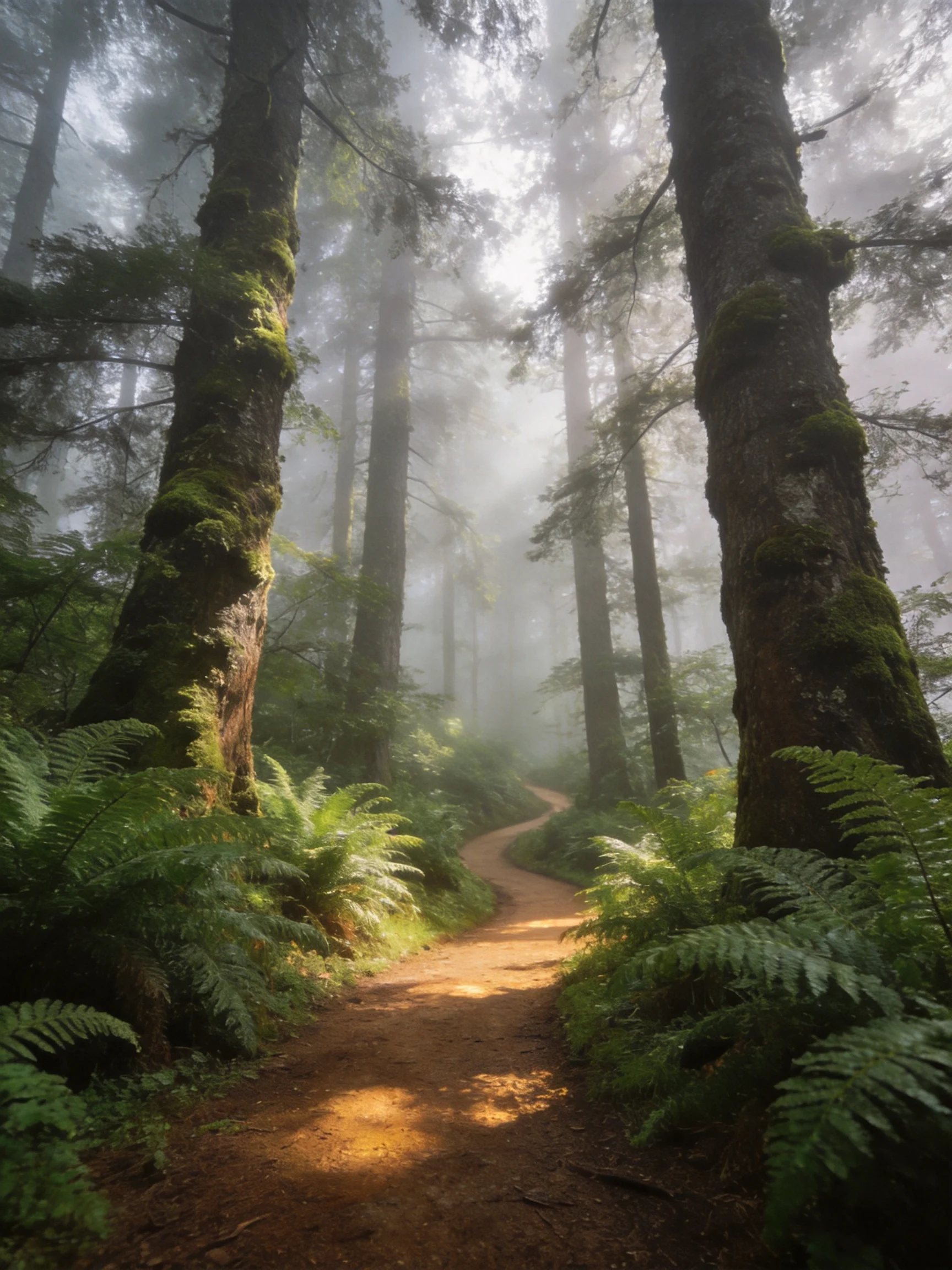 Misty Forest Path With Moss-Covered Trees and Ferns