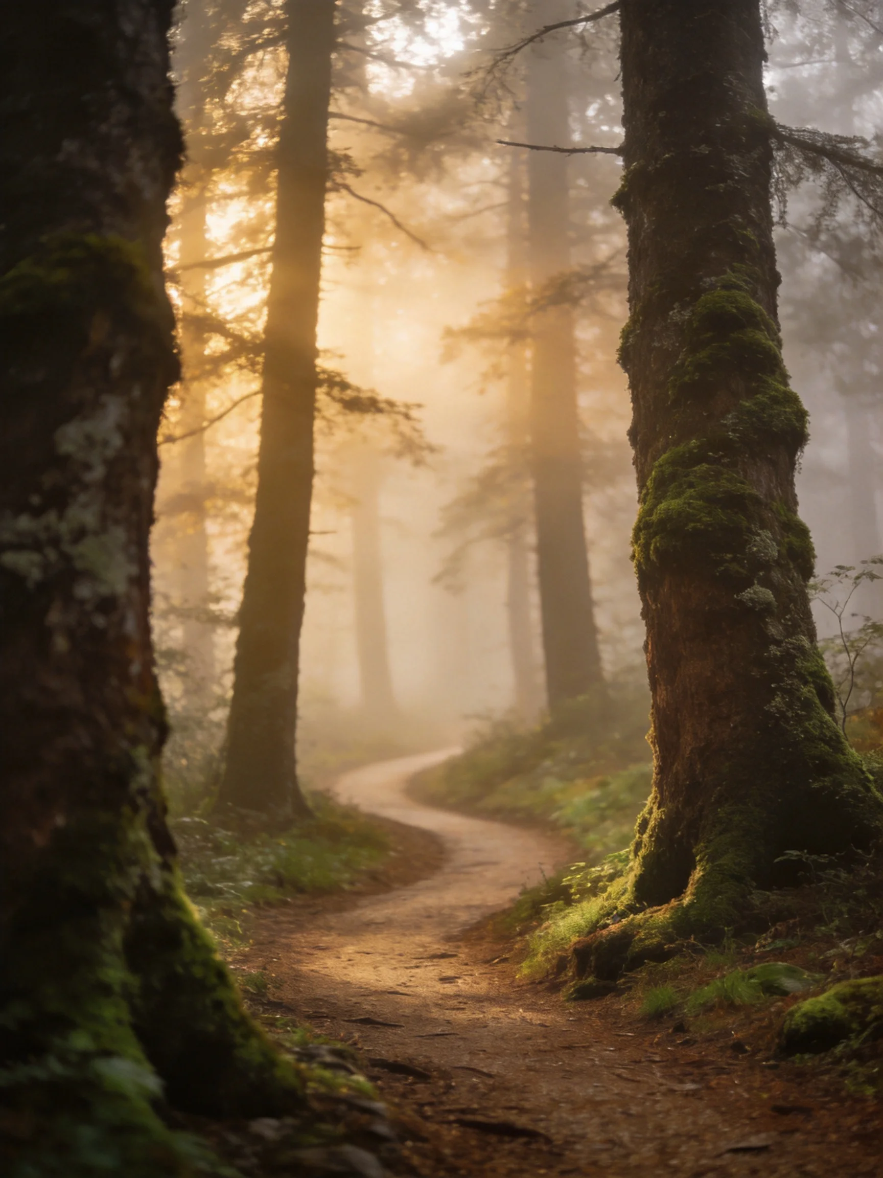 Misty Forest Path With Moss-Covered Trees and Golden Sunlight