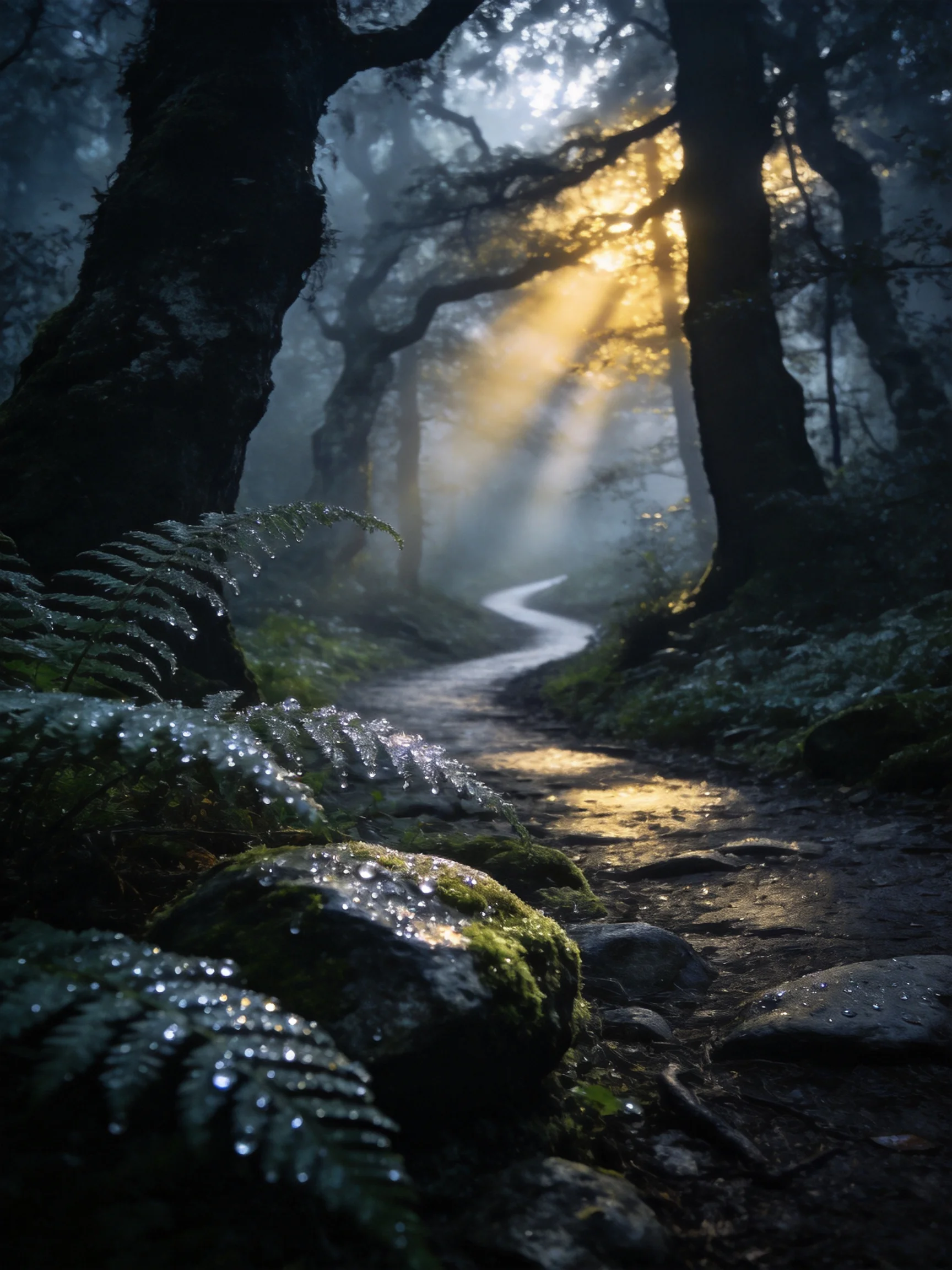 Misty Forest Path With Sunbeams and Ancient Trees