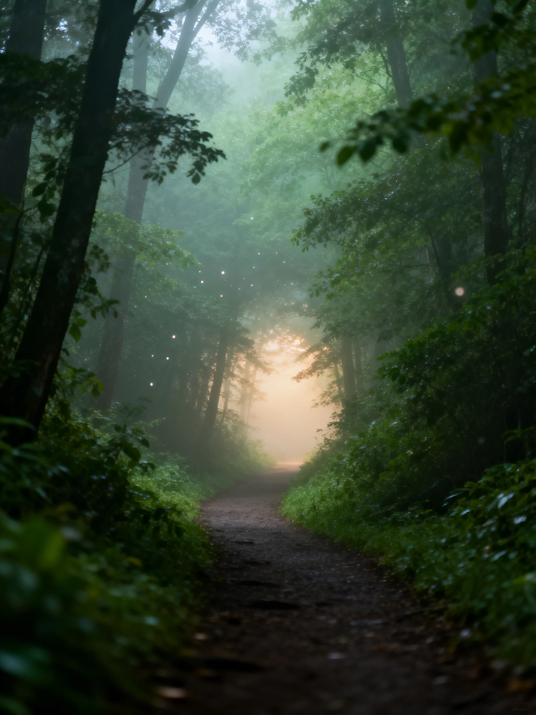 Misty Forest Path With Sunlight Breaking Through Dense Foliage