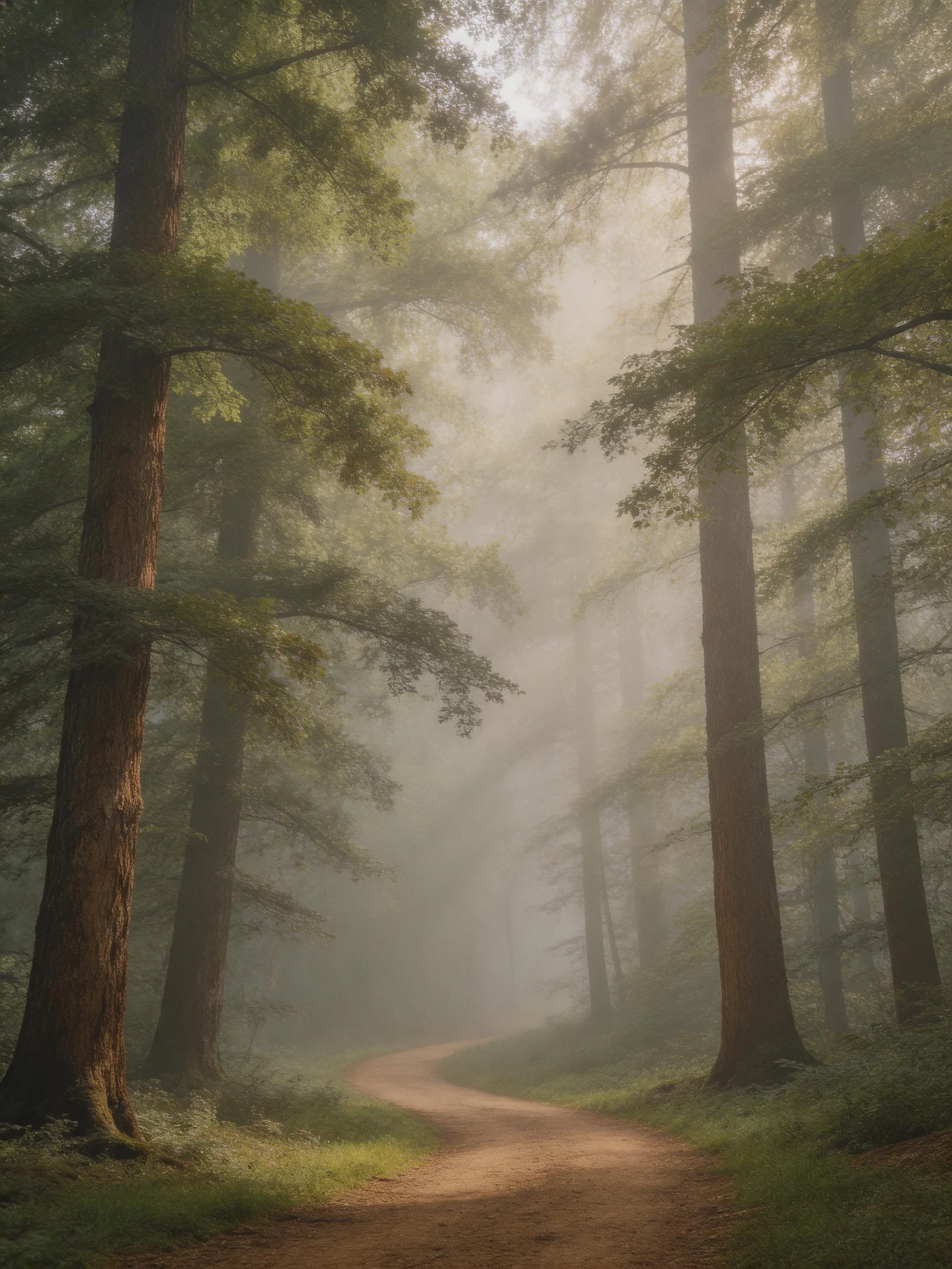 Misty Forest Path With Tall Brown Trees and Green Foliage