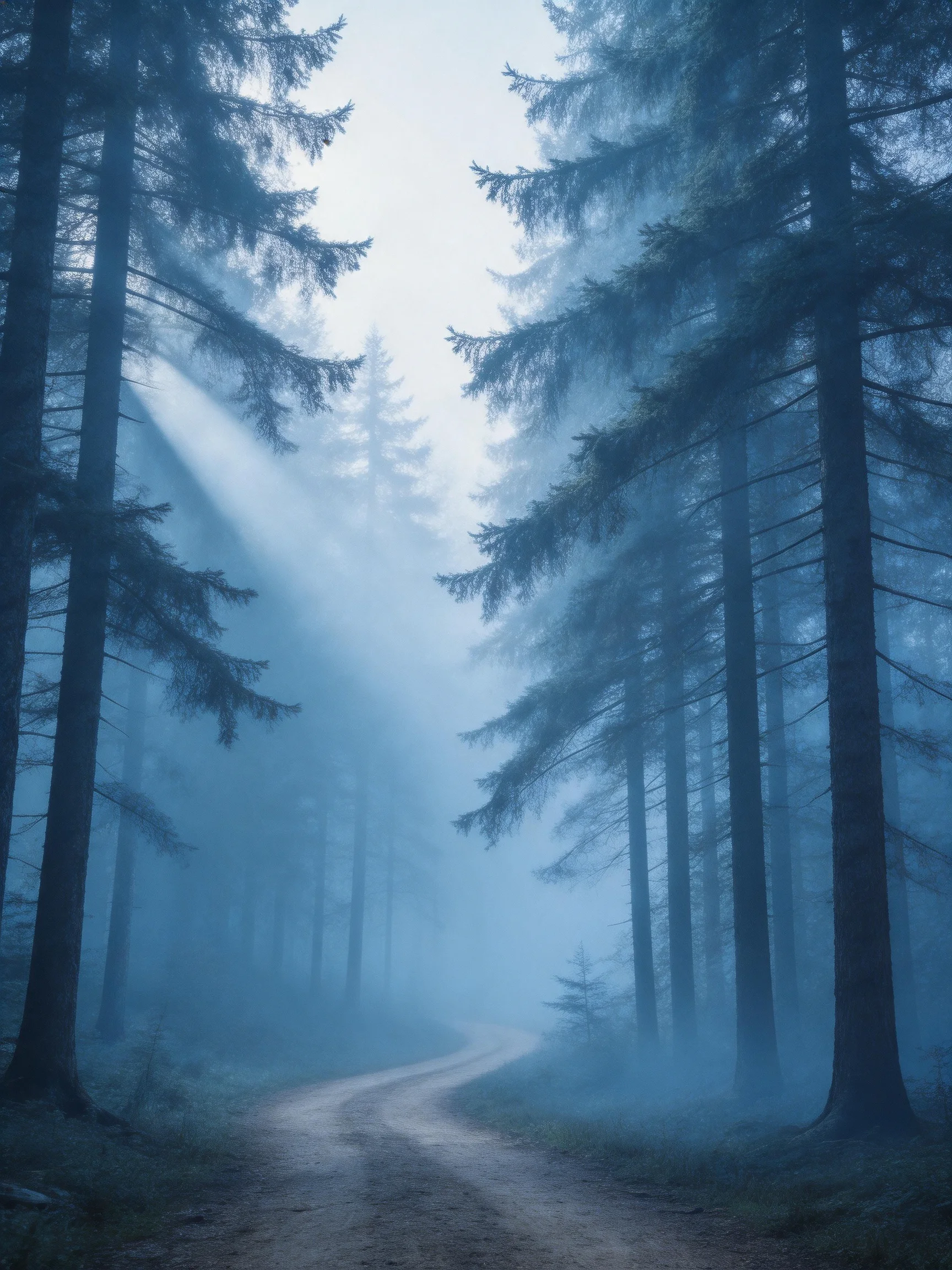 Misty Forest Path With Tall Evergreen Trees and Sunbeams