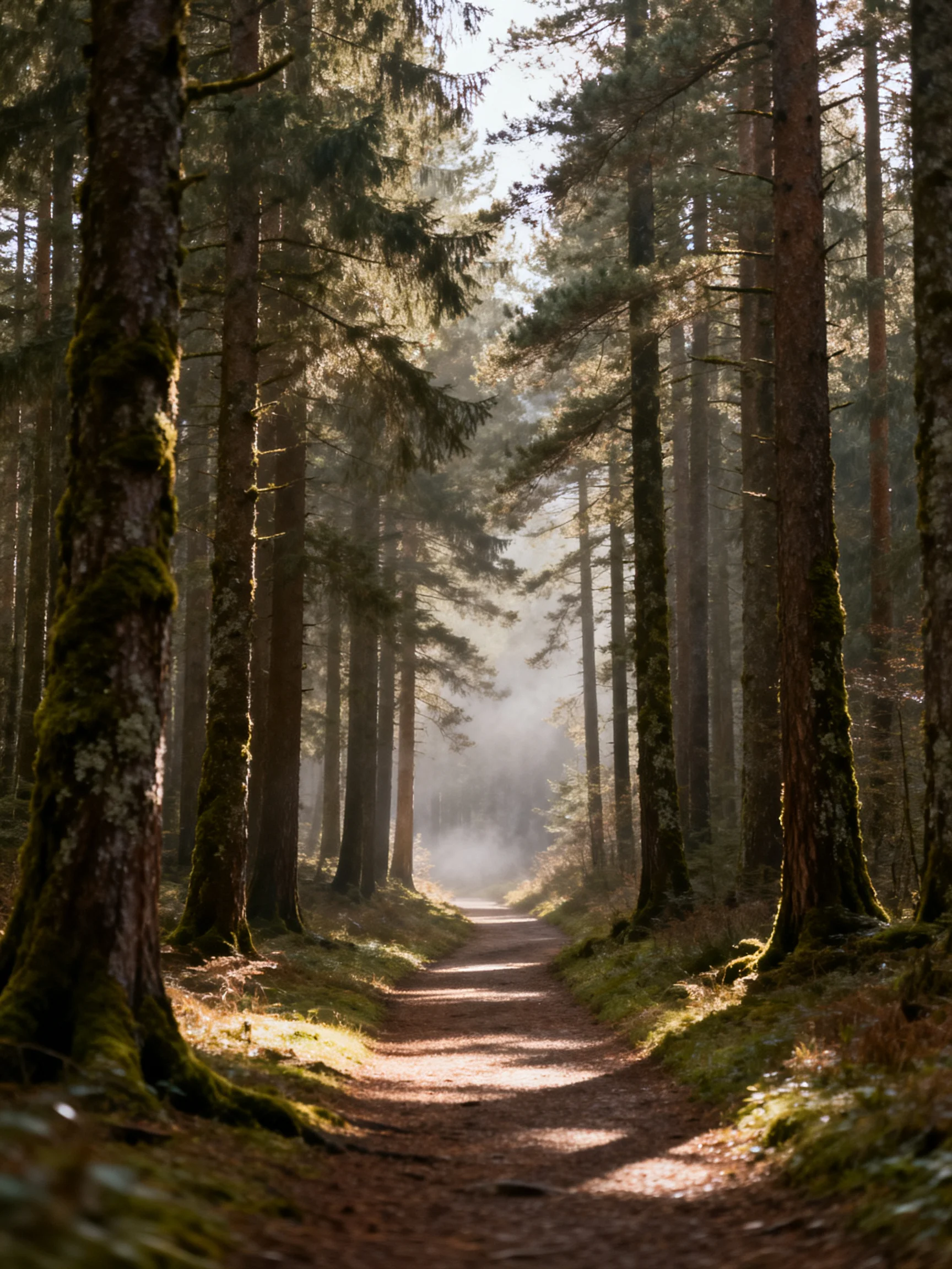 Misty Forest Path With Tall Evergreen Trees and Sunlight