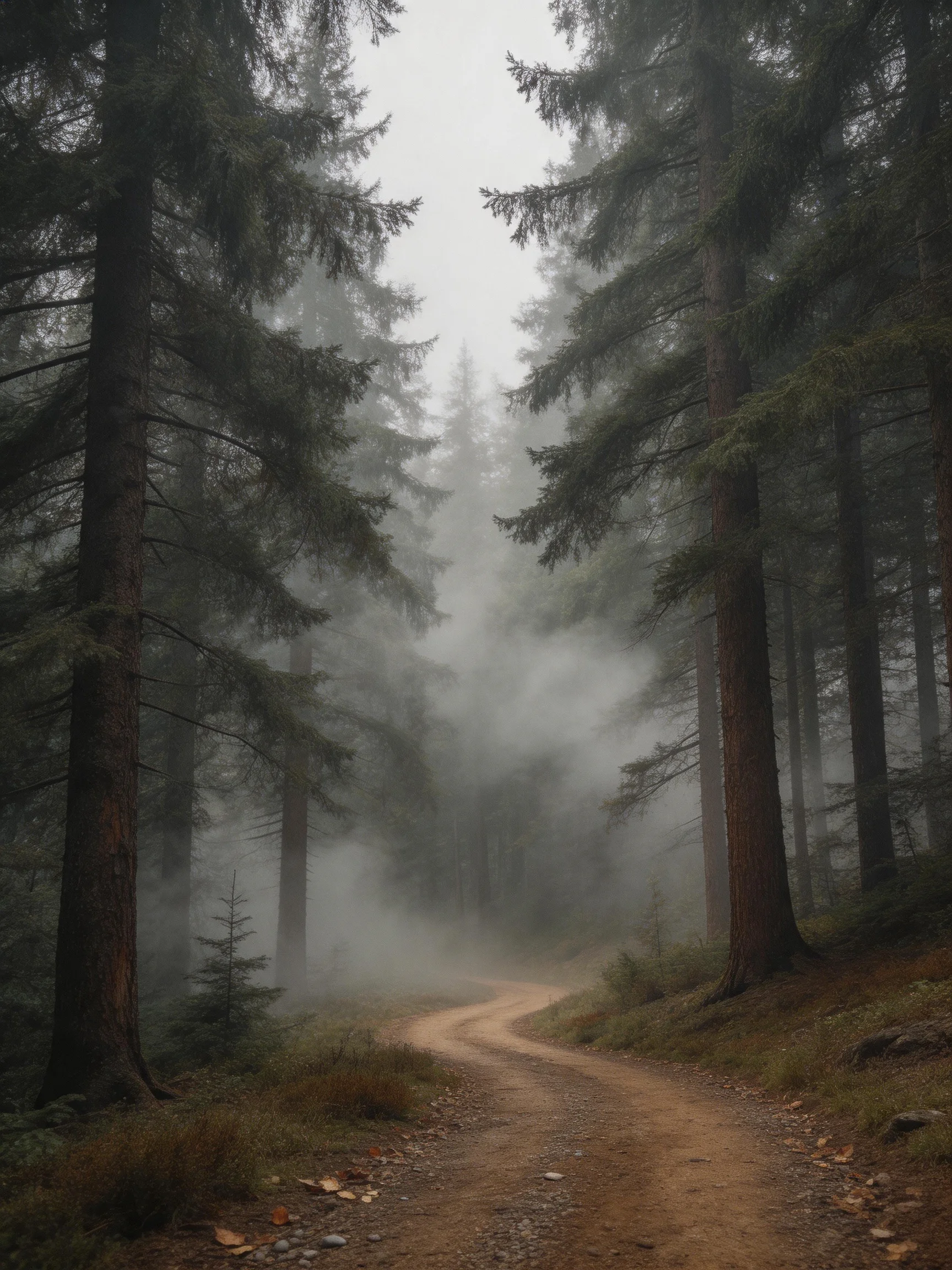 Misty Forest Path With Tall Evergreen Trees and Winding Dirt Trail