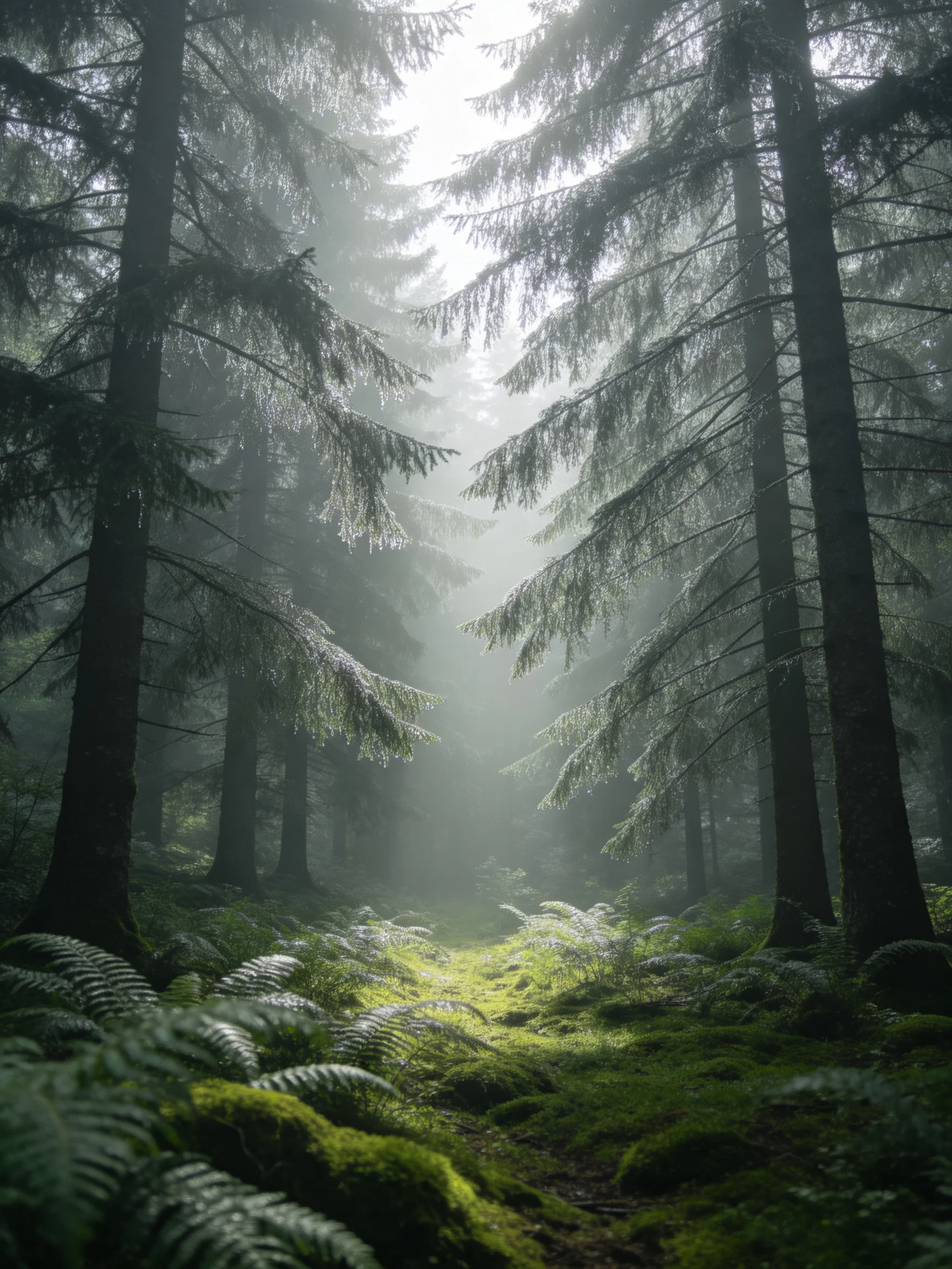 Misty Forest Path With Tall Evergreens and Lush Ferns