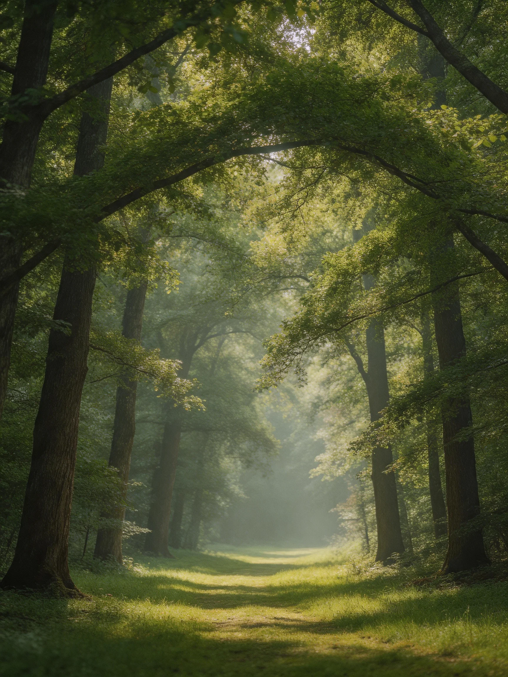 Misty Forest Path With Tall Green Trees and Sunlight