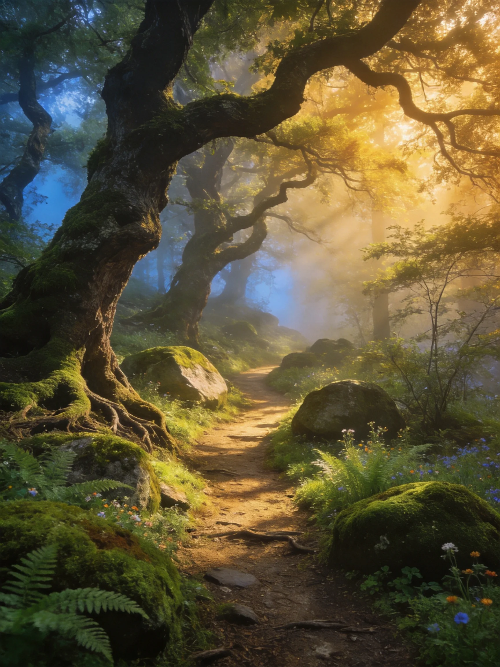 Misty Forest Path with Ancient Moss-Covered Trees and Sunlit Rocks