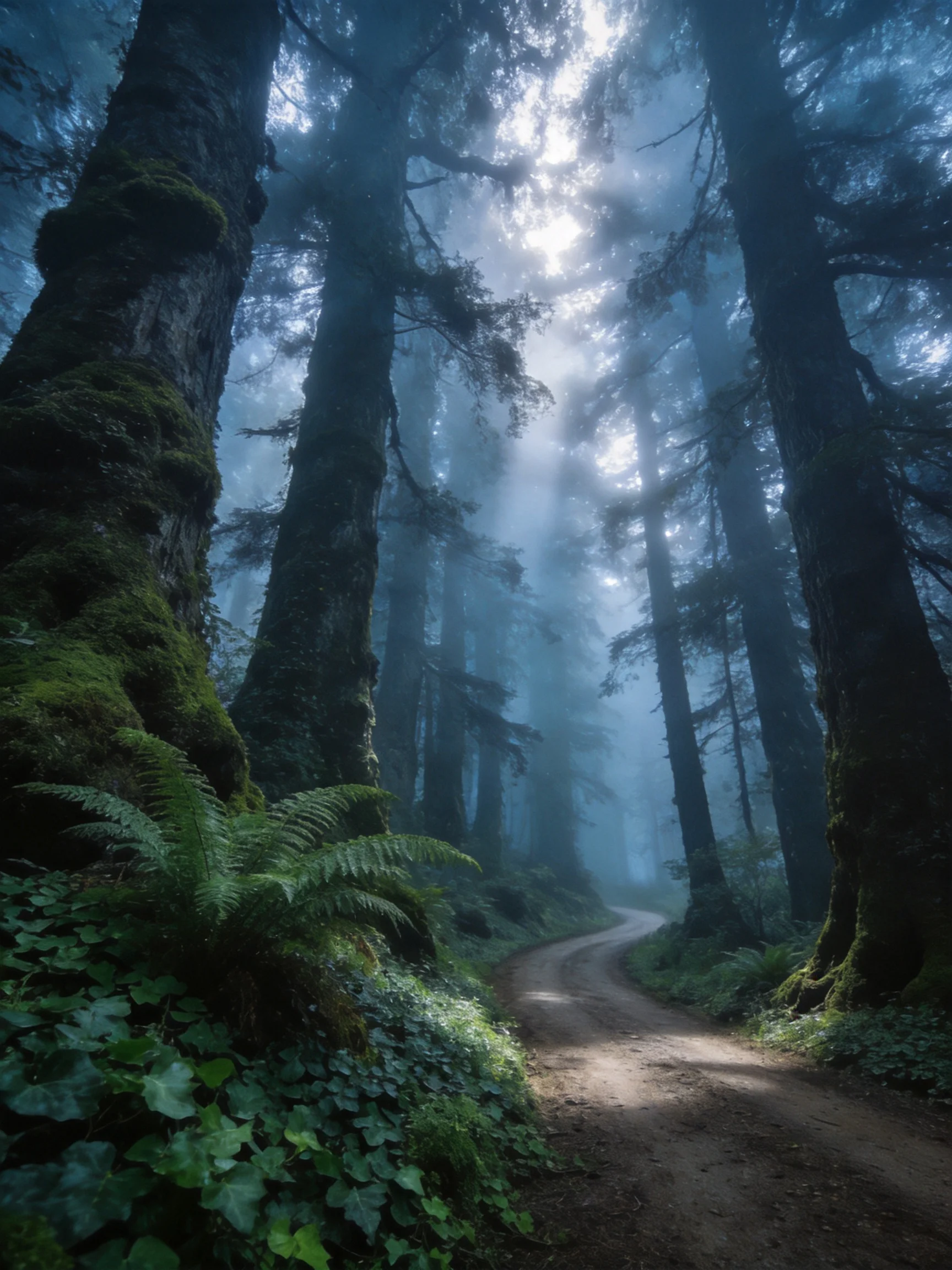 Misty Forest Path with Ancient Moss-Covered Trees