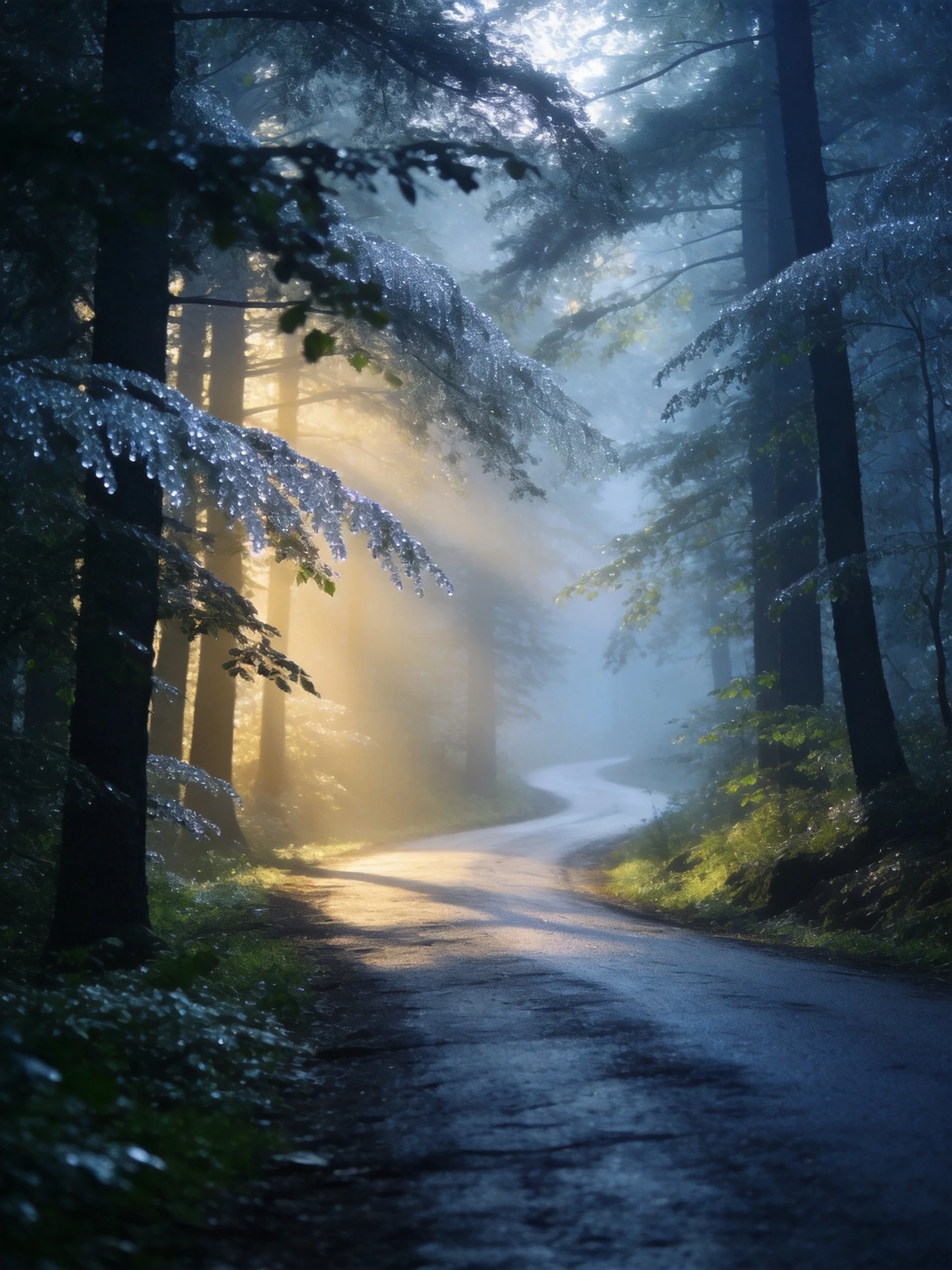 Misty Forest Path with Golden Sunlight Through Tall Trees