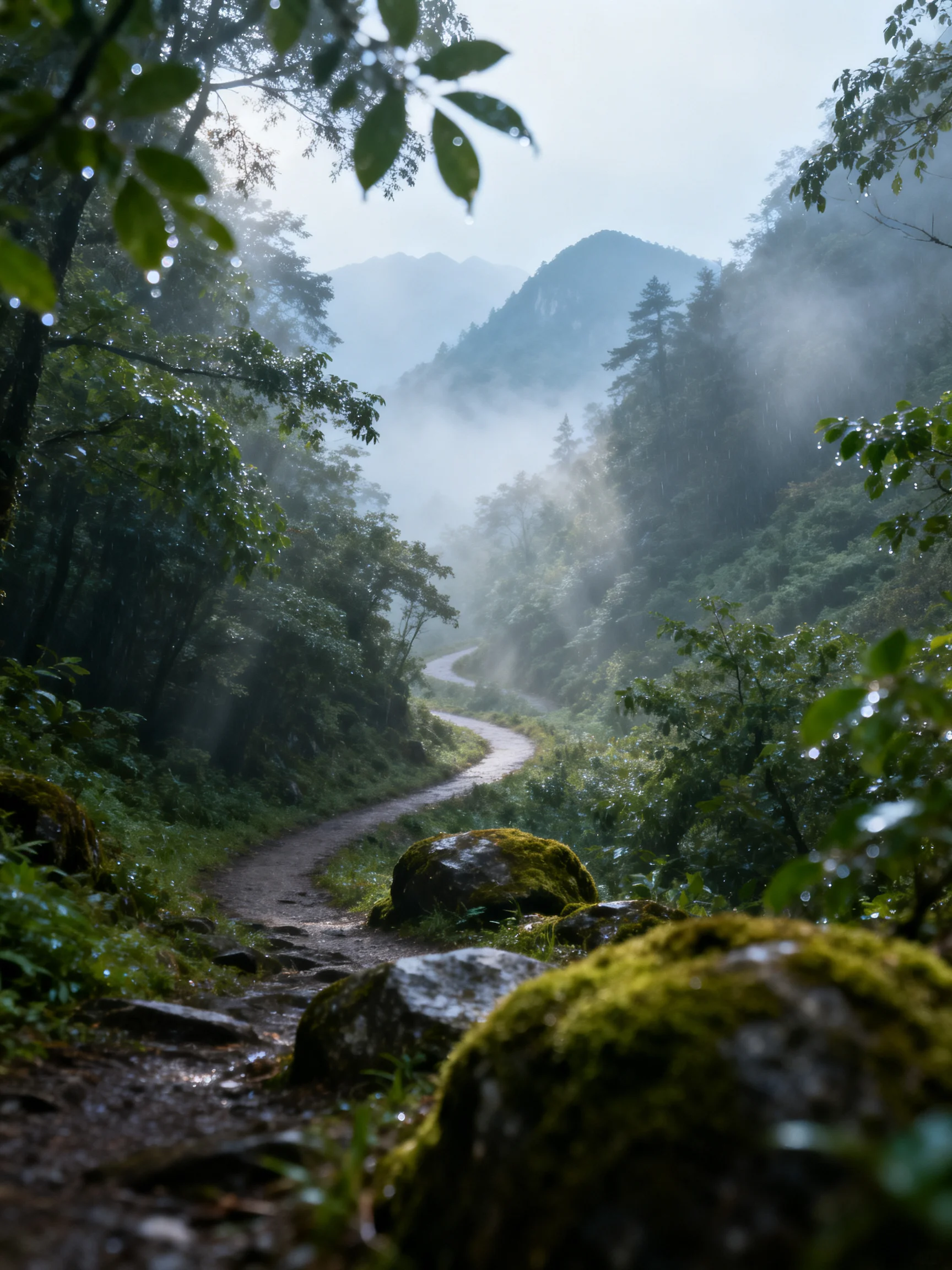 Misty Forest Path with Moss-Covered Rocks and Dense Foliage