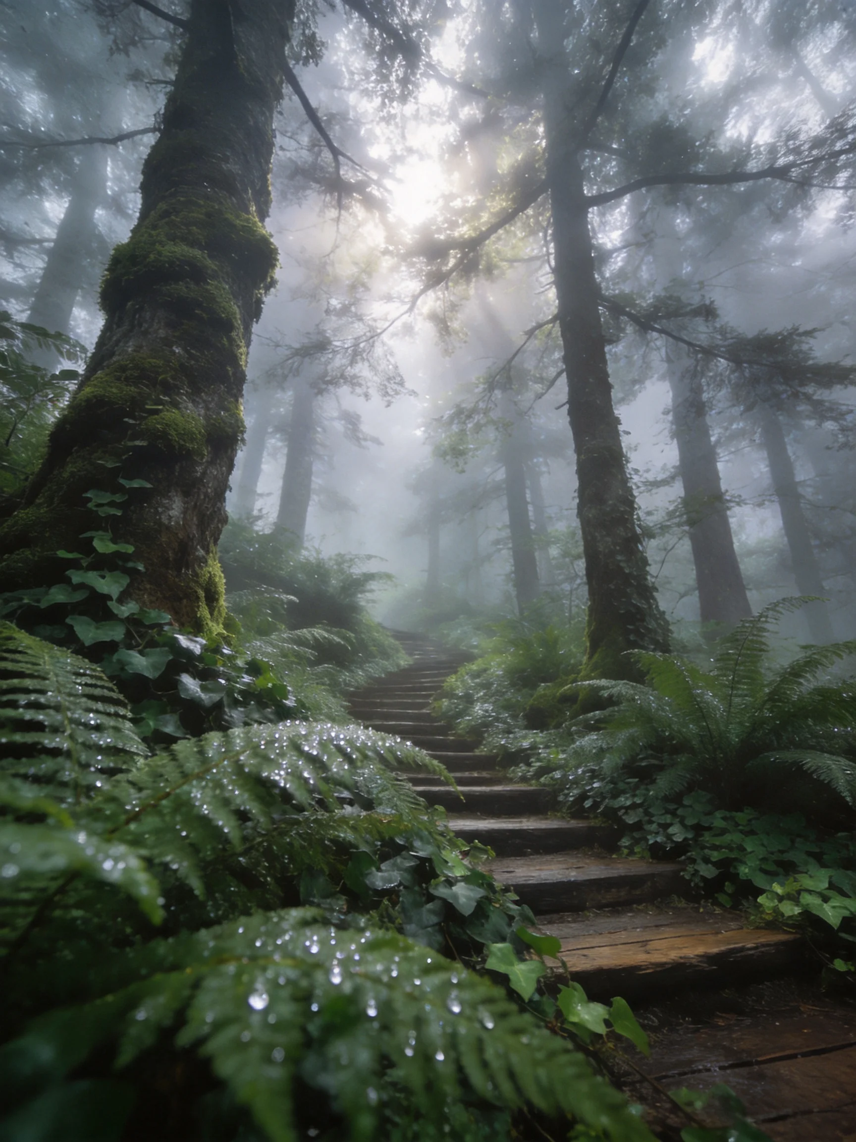 Misty Forest Path with Moss-Covered Trees and Ferns