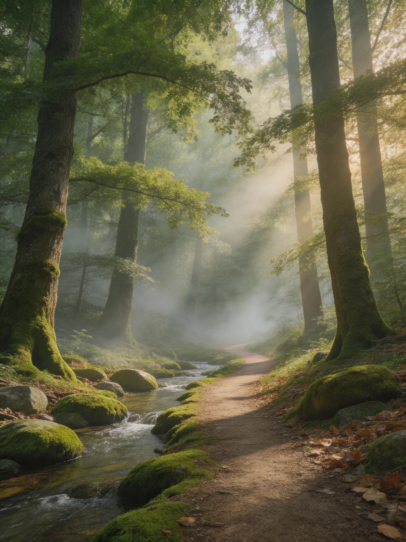Misty Forest Path with Stream and Moss-Covered Trees