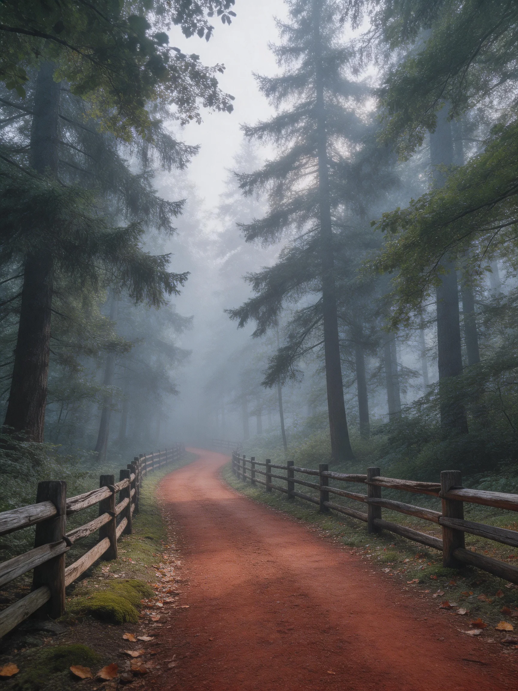 Misty Forest Path with Wooden Fence and Tall Evergreens