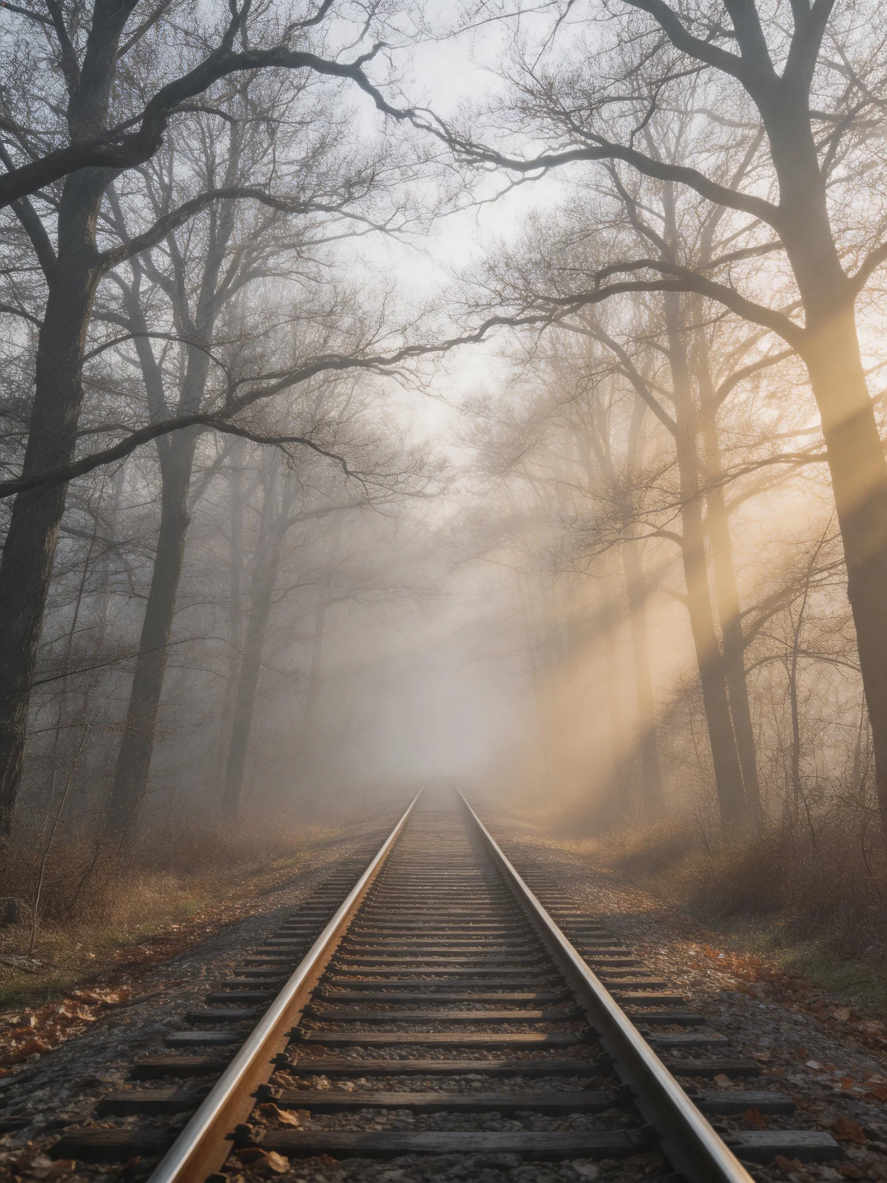 Misty Forest Railroad Track with Golden Sunlight Filtering Through Bare Trees