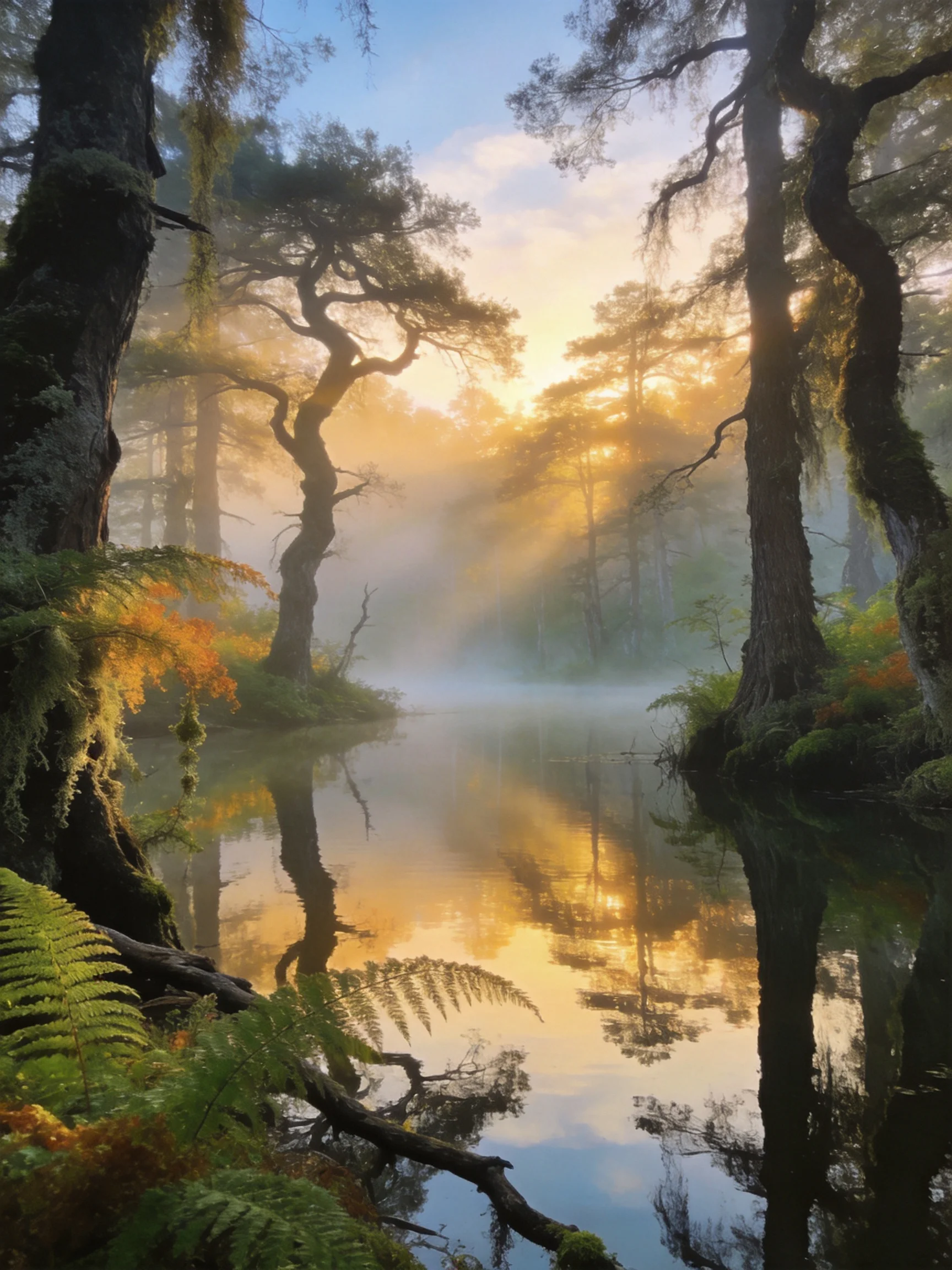 Misty Forest River at Dawn with Golden Light