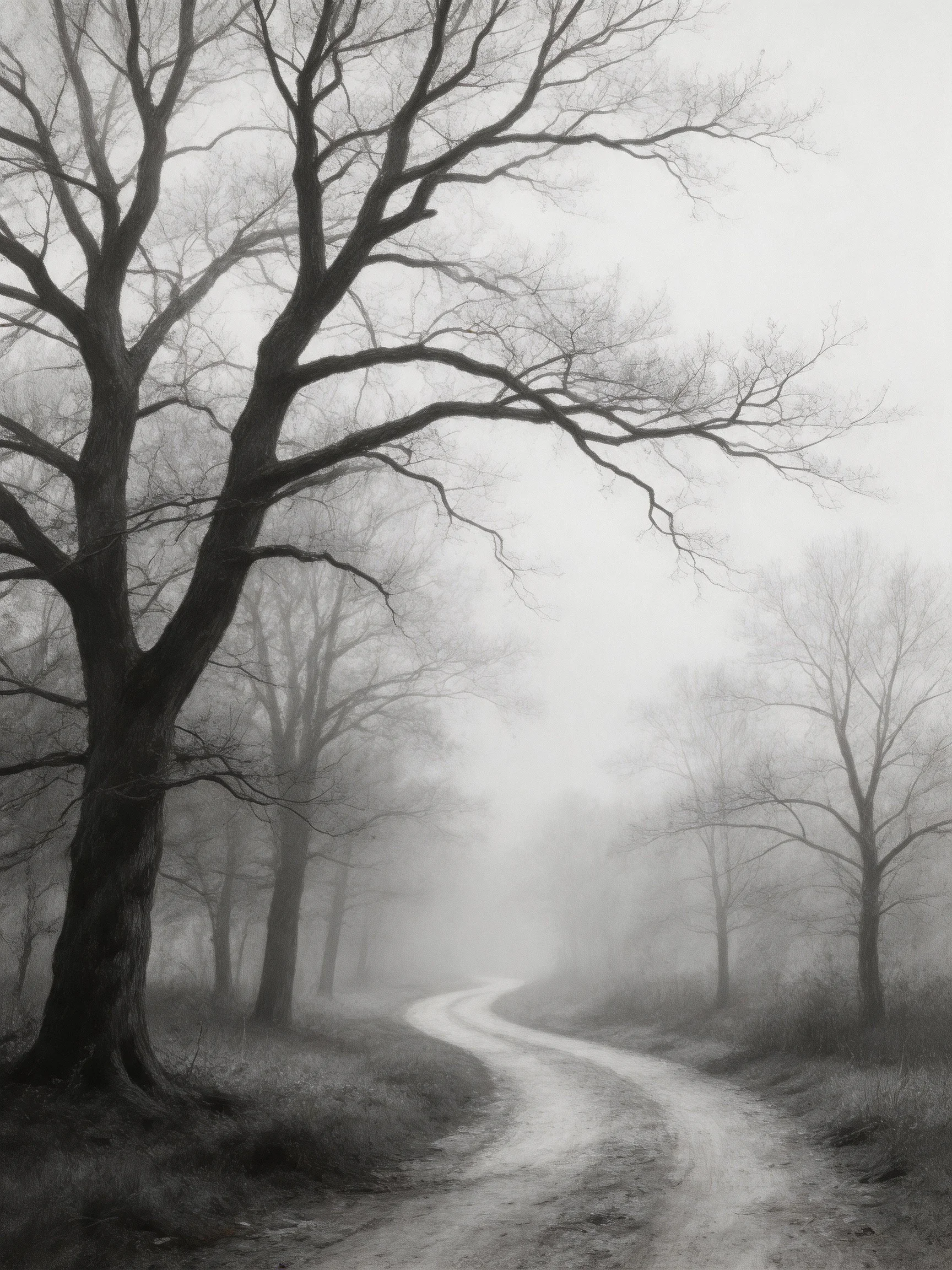 Misty Forest Scene With Bare Trees Along Winding Dirt Road