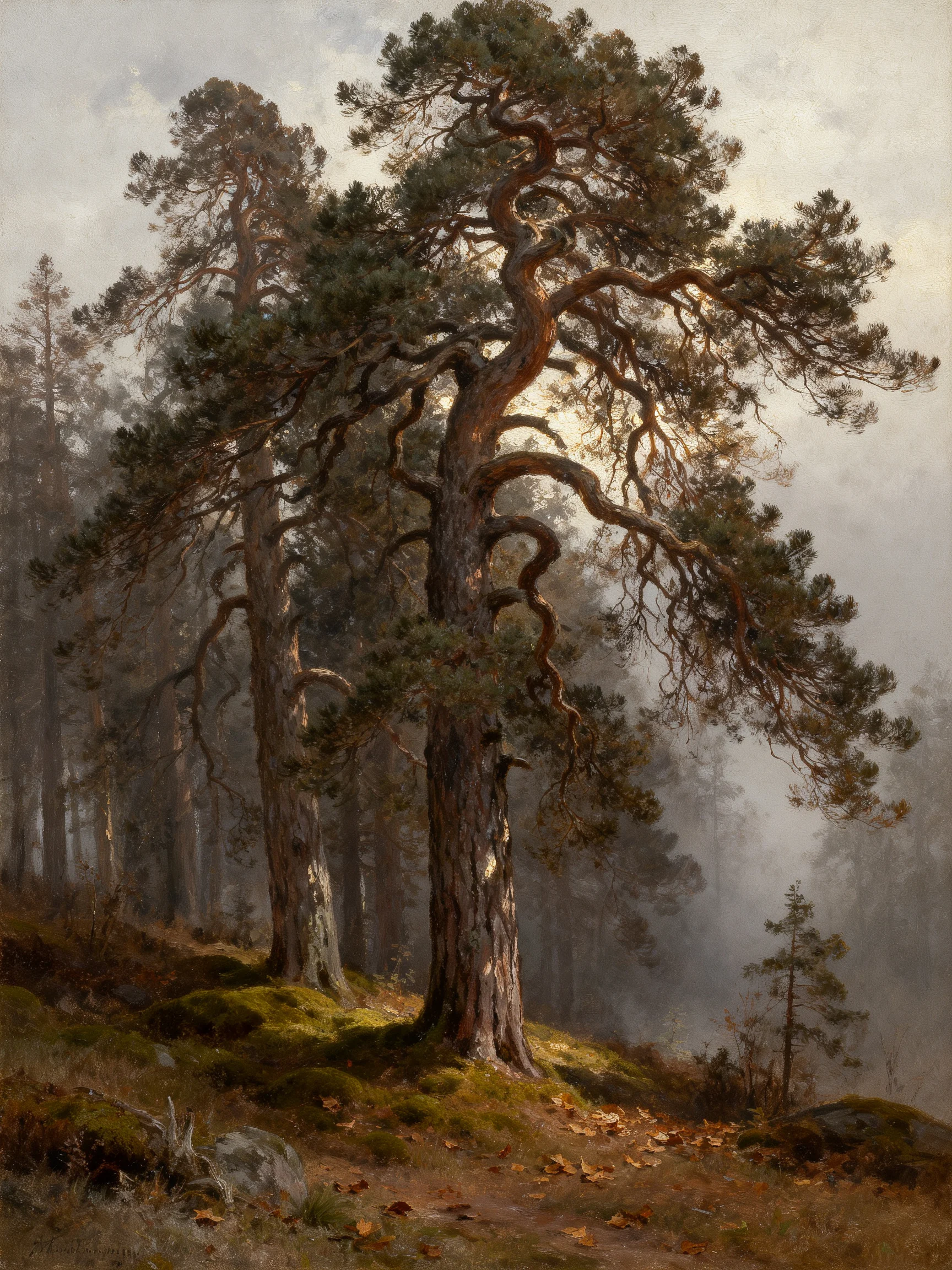 Misty Forest Scene with Ancient Pine Trees and Moss-Covered Terrain