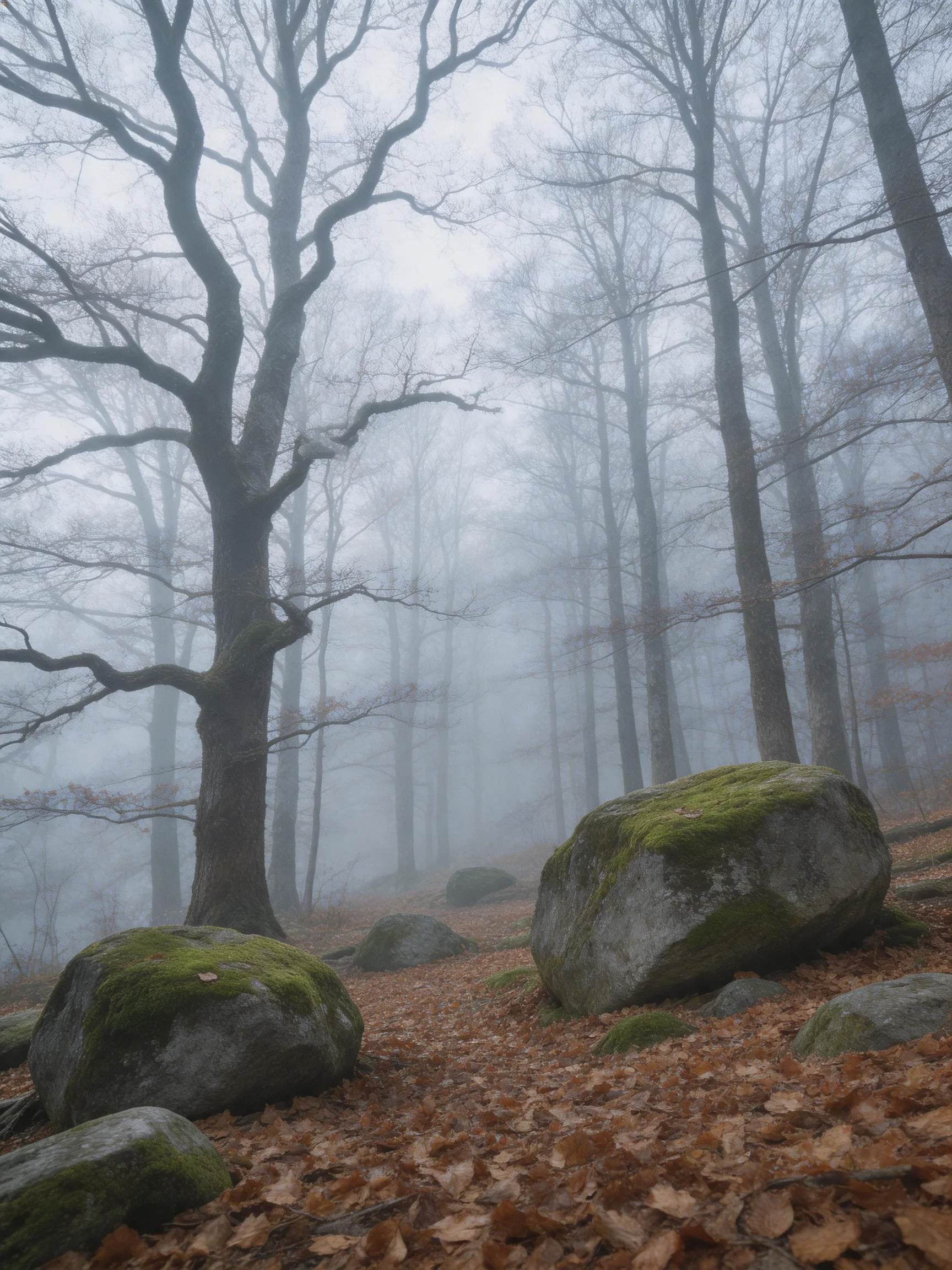 Misty Forest Scene with Moss-Covered Boulders and Autumn Foliage