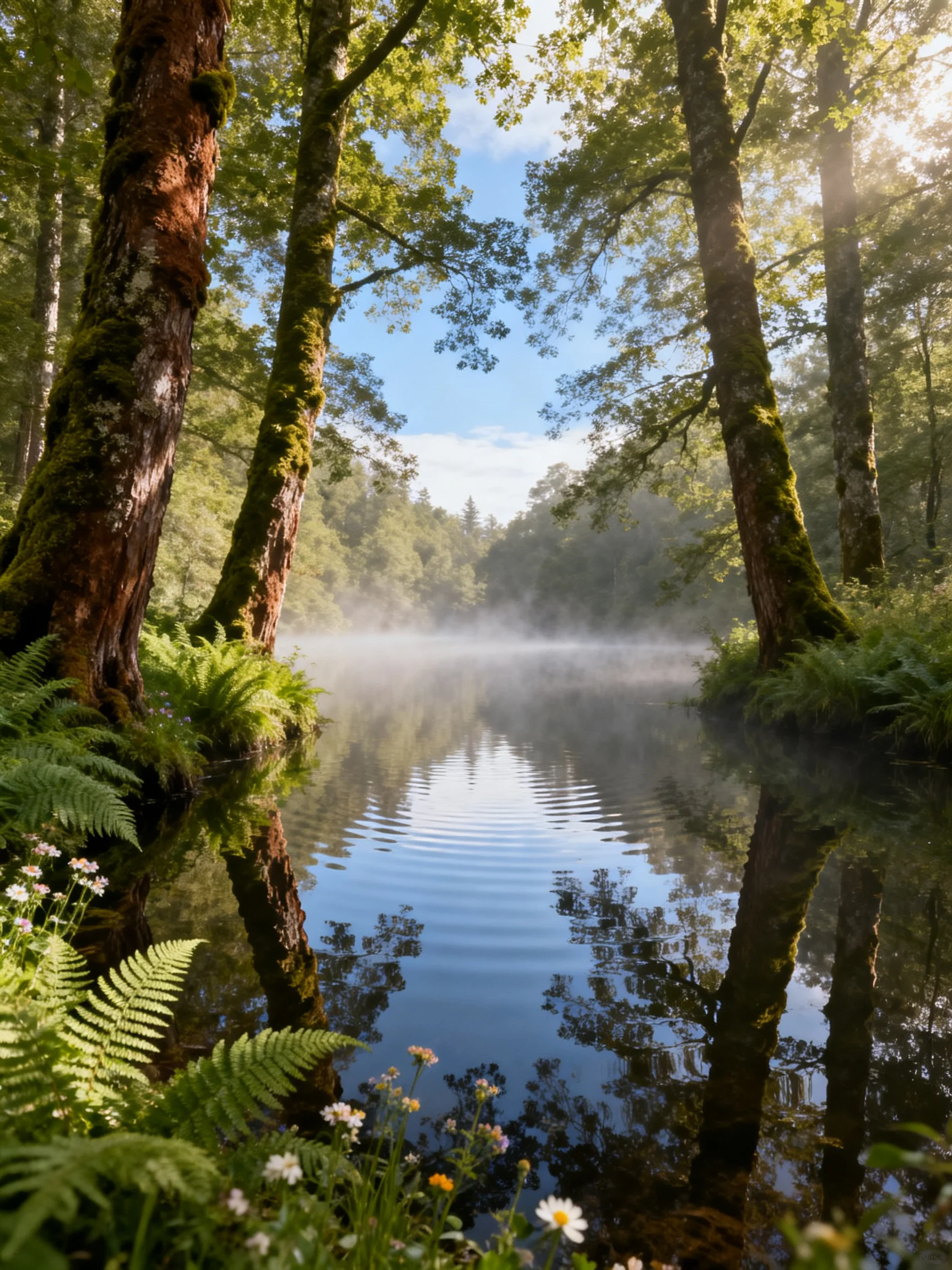 Misty Forest Stream with Moss-Covered Trees and Ferns