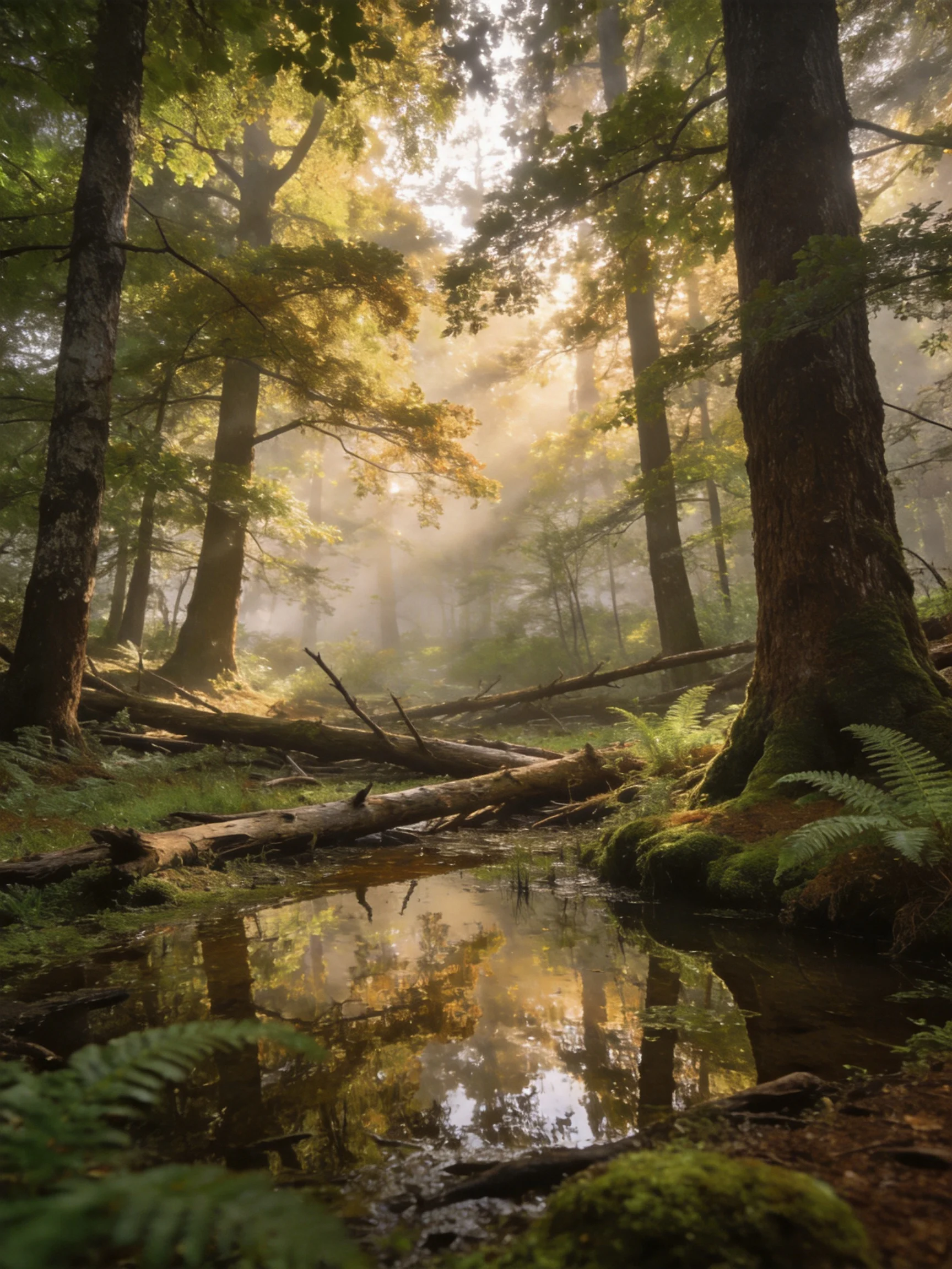 Misty Forest Stream with Sunlit Trees and Fallen Logs