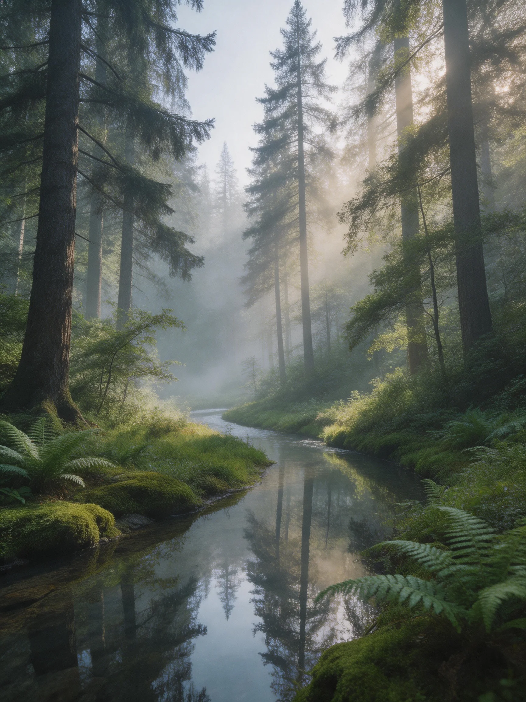 Misty Forest Stream with Tall Evergreens and Lush Greenery