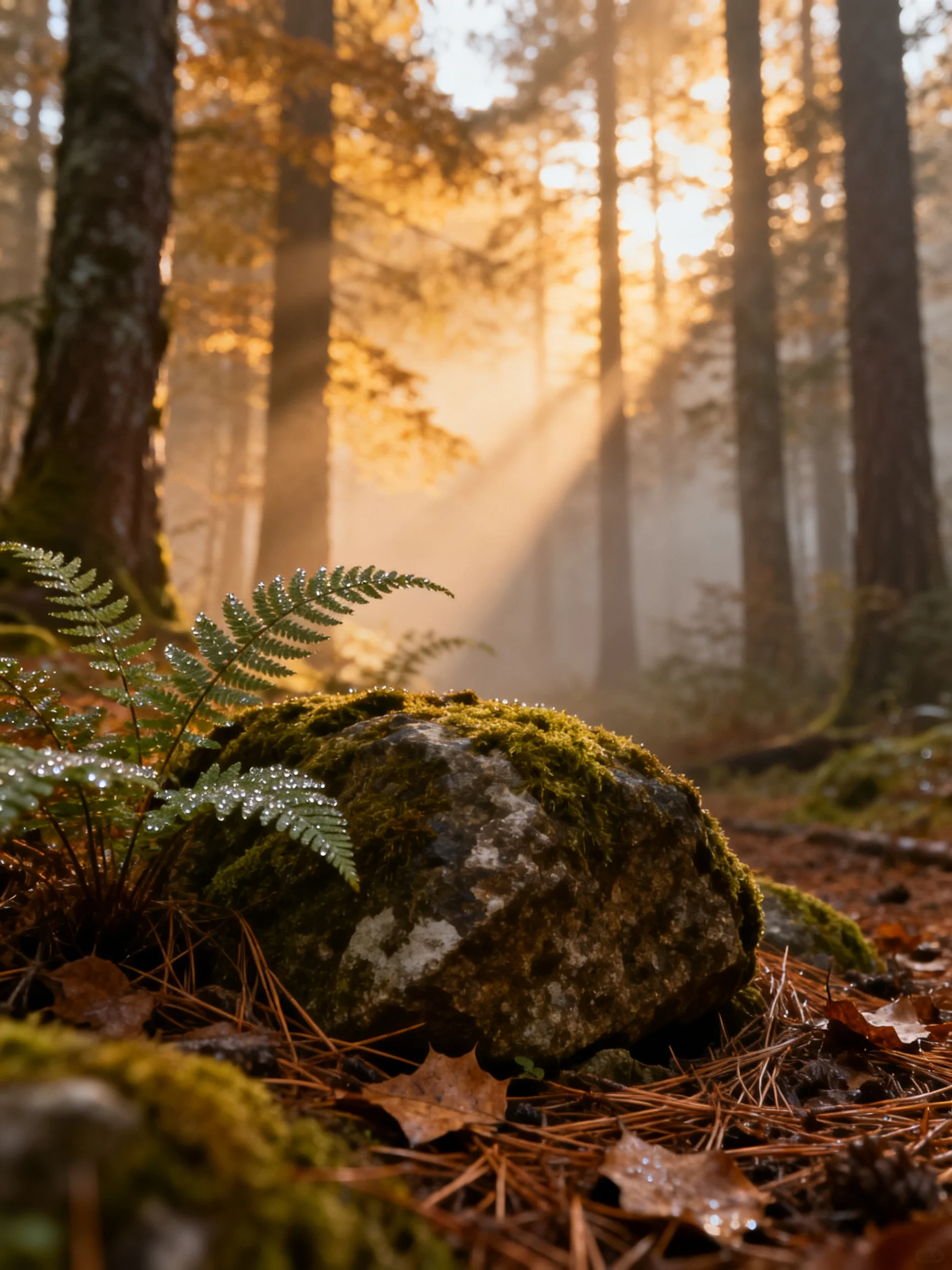 Misty Forest Sunrise with Moss-Covered Rock and Ferns