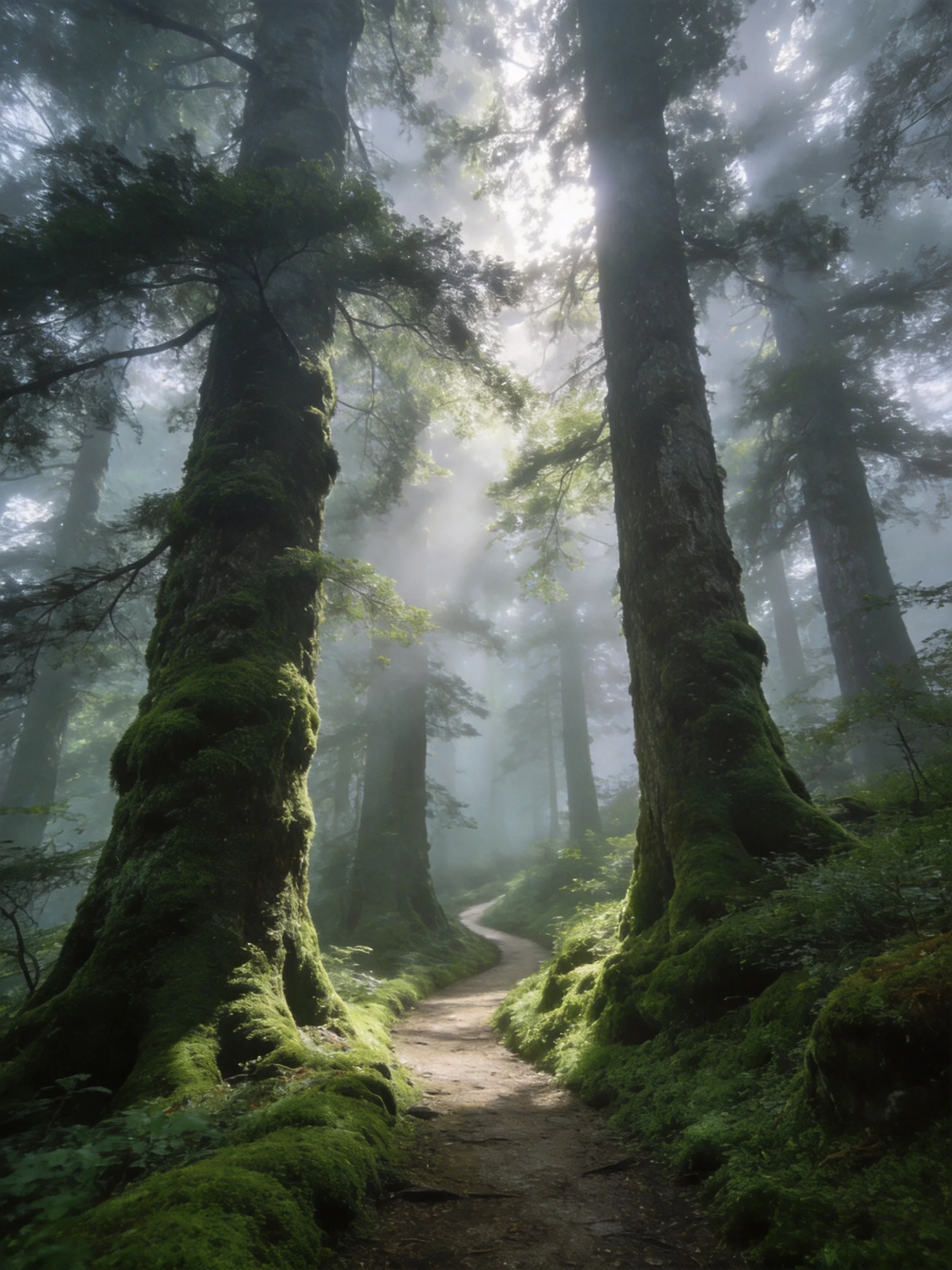 Misty Forest Trail Among Giant Moss-Covered Trees