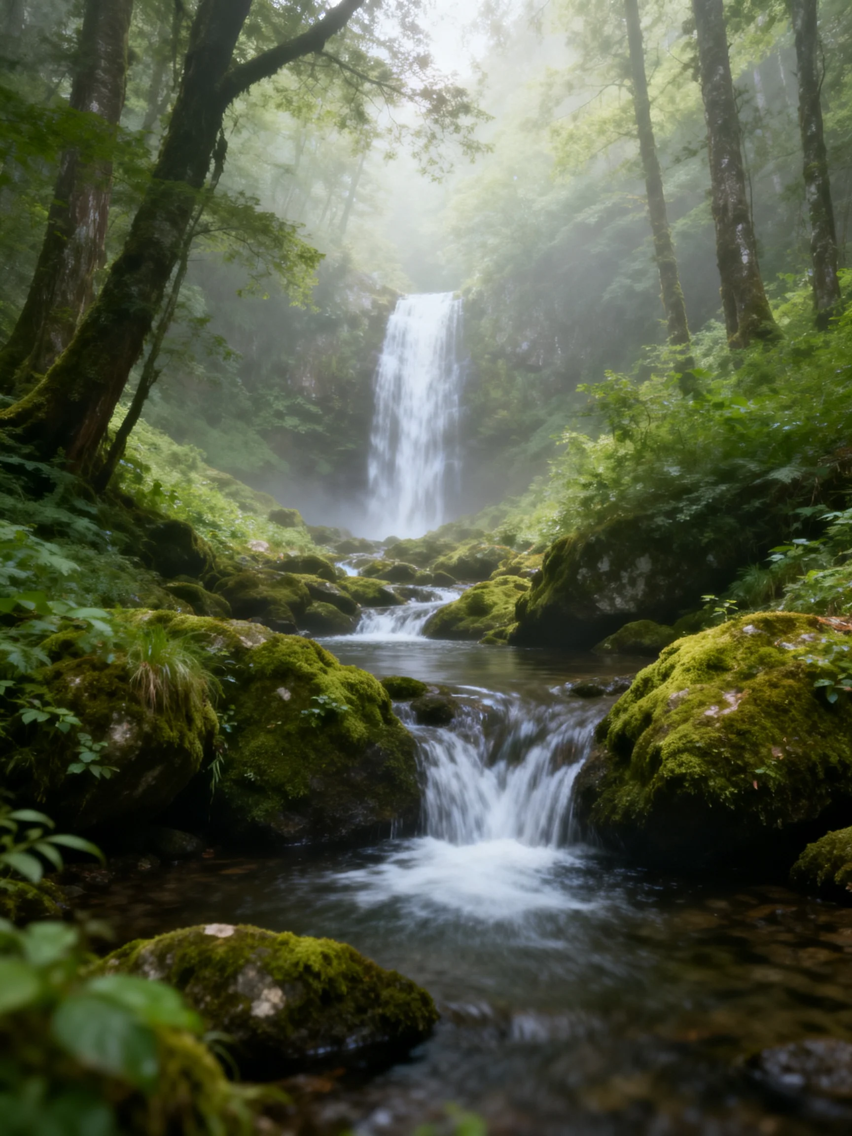 Misty Forest Waterfall with Moss-Covered Rocks and Flowing Stream