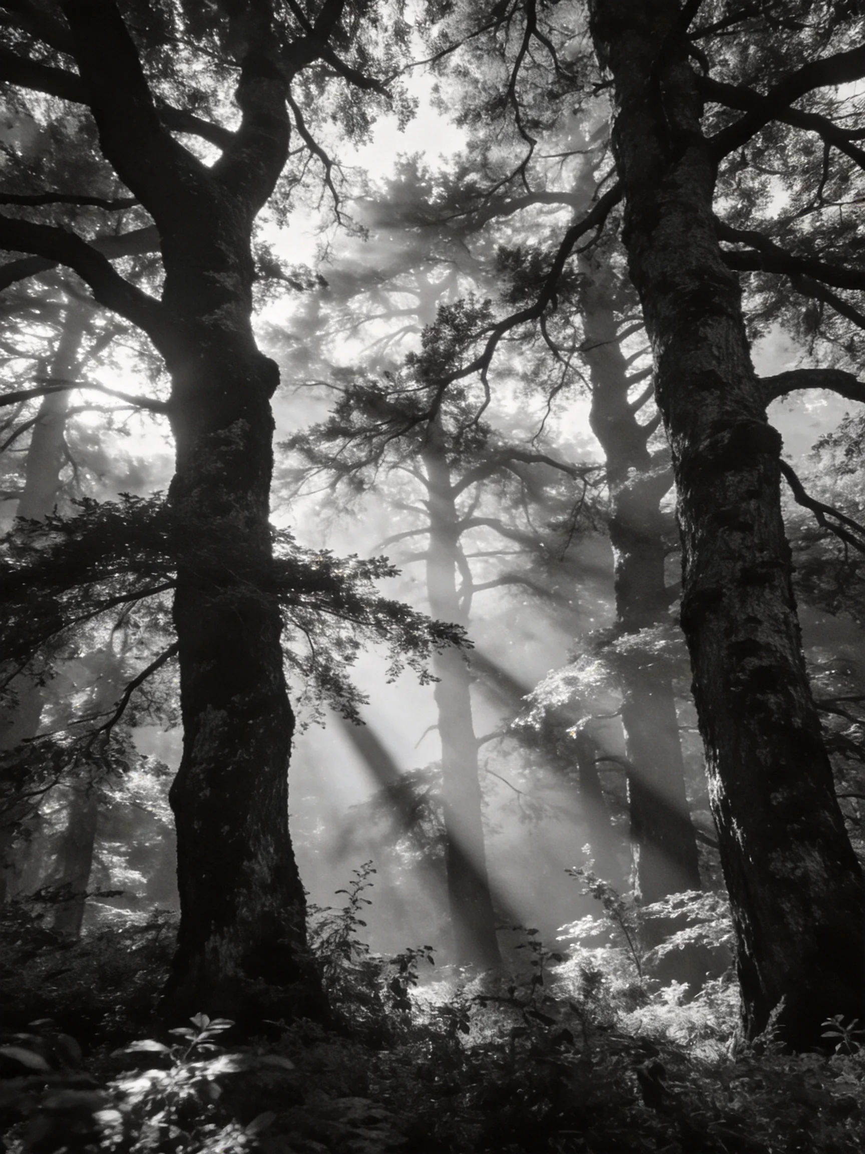 Misty Forest With Sunbeams Filtering Through Towering Trees