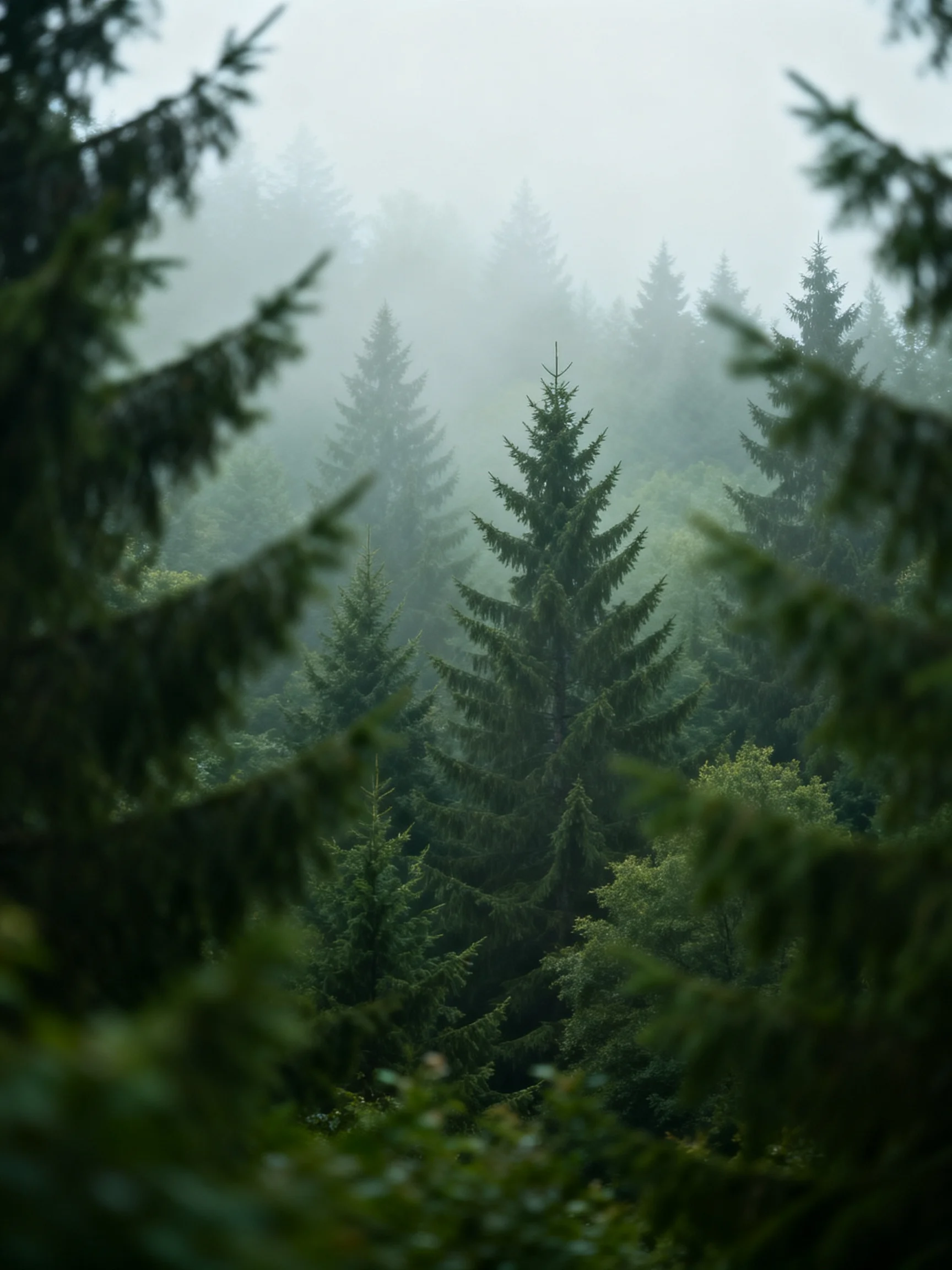 Misty Forest With Tall Evergreen Trees and Dense Green Foliage
