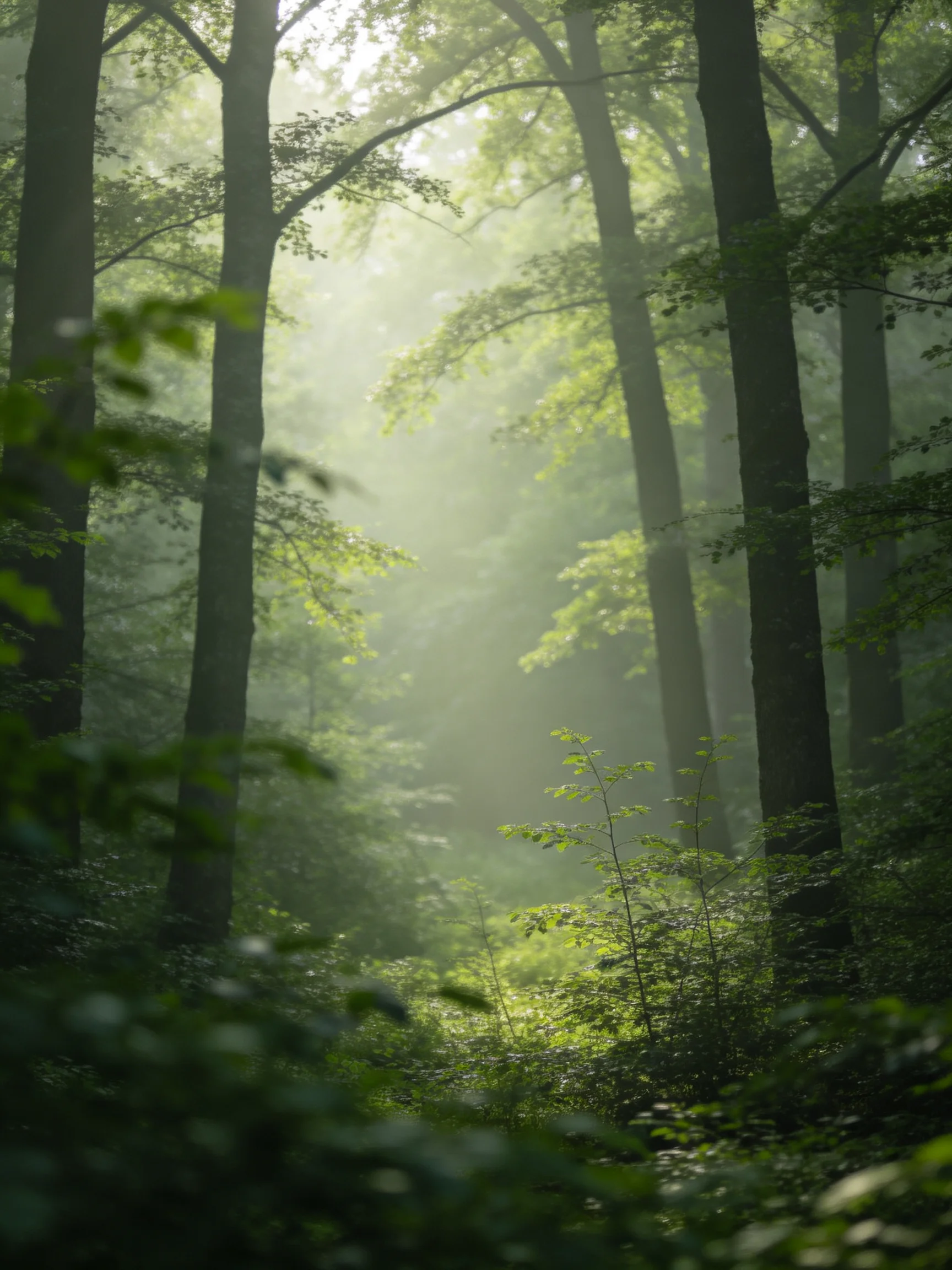 Misty Forest With Tall Trees And Sunlight Filtering Through Green Foliage