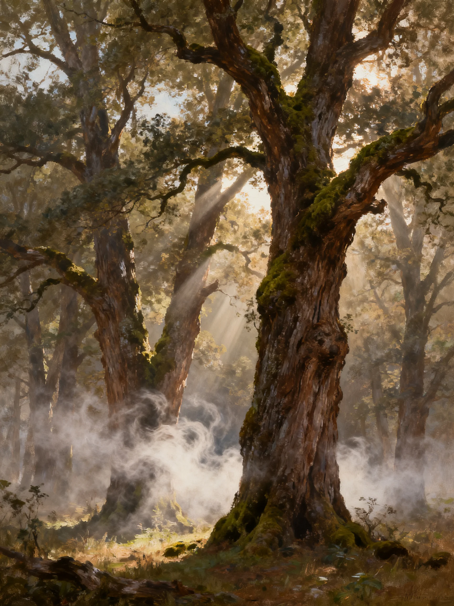 Misty Forest with Ancient Moss-Covered Trees and Sunbeams