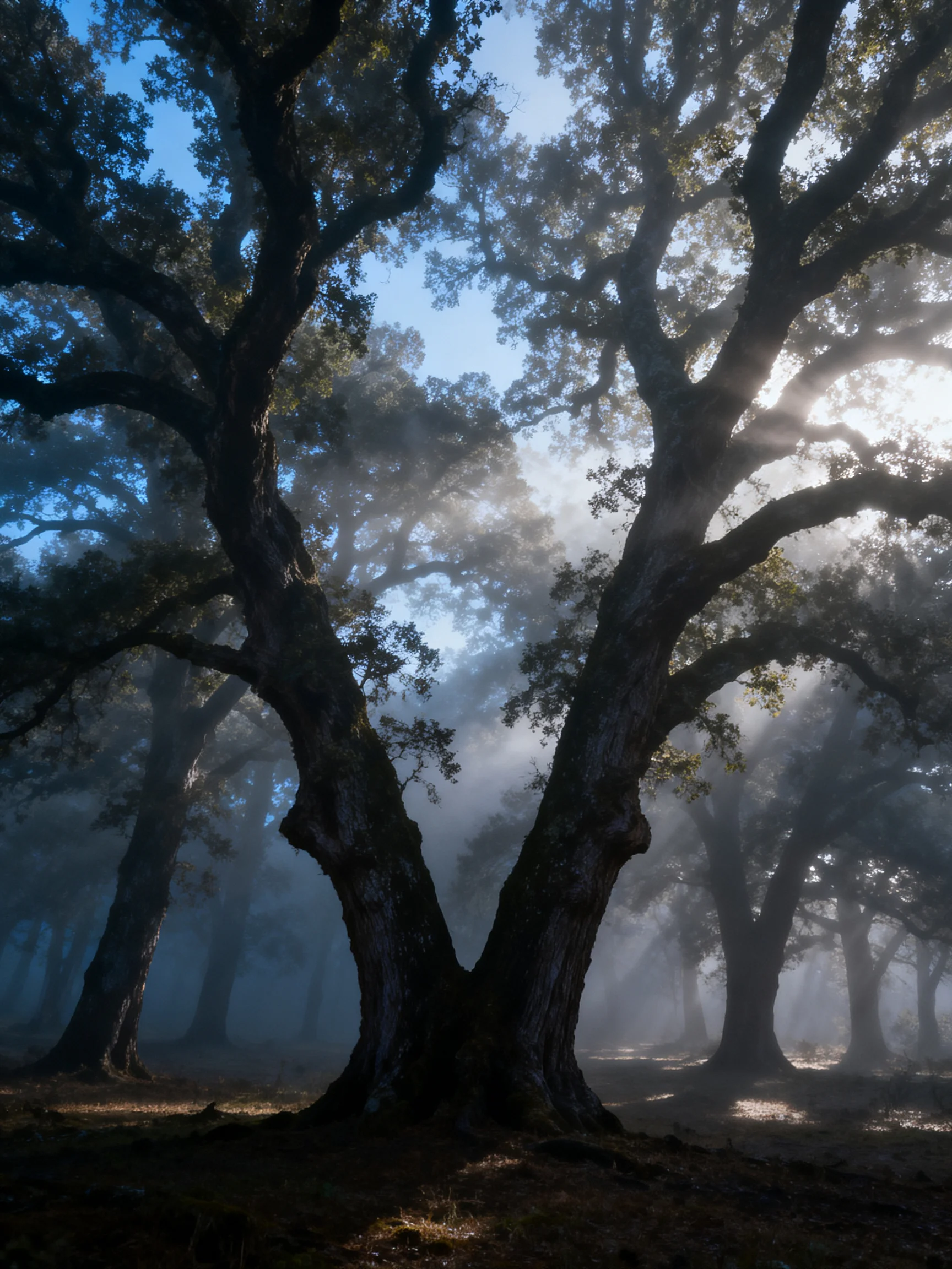 Misty Forest with Ancient Oak Trees and Sunbeams