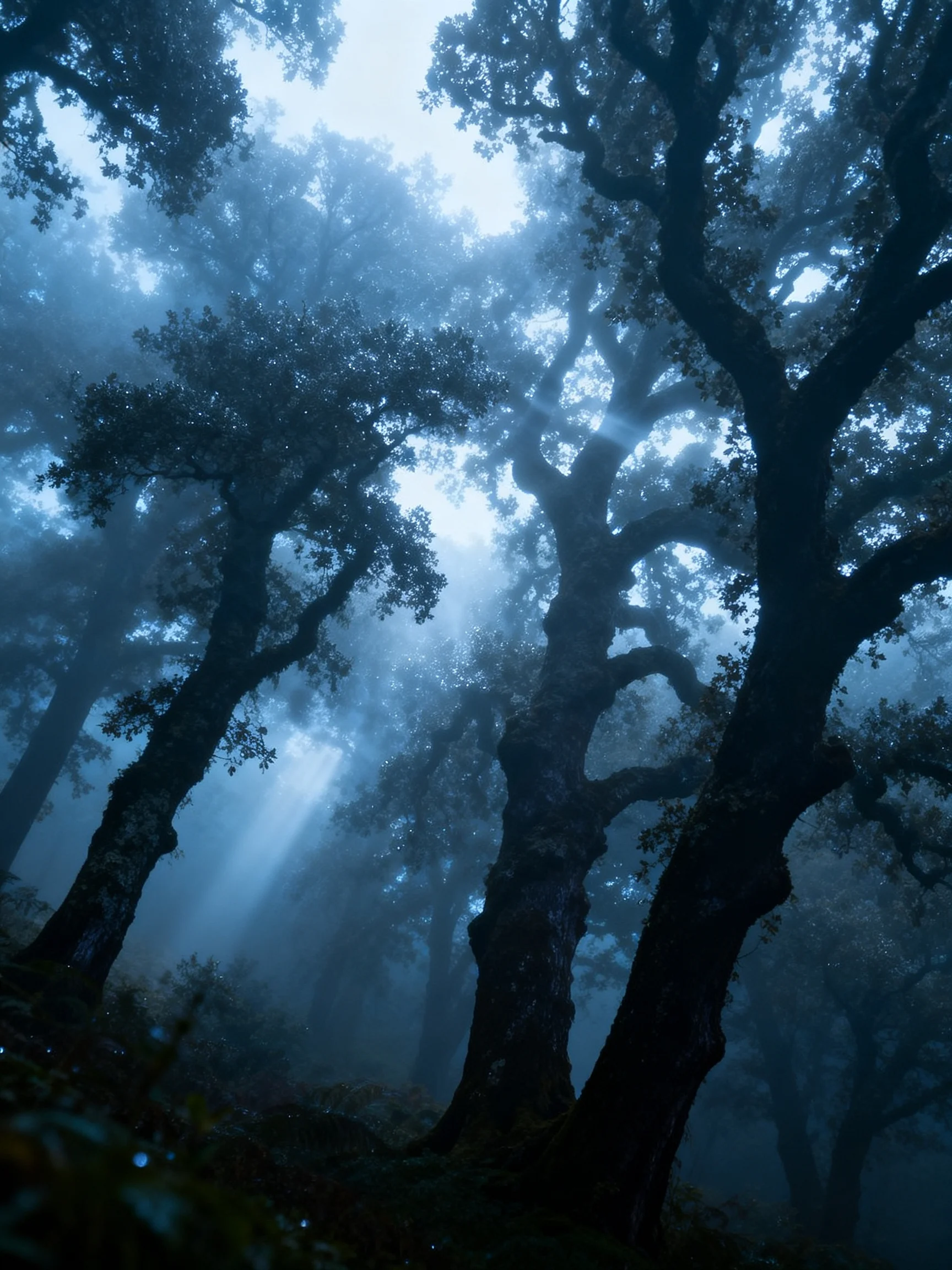Misty Forest with Ancient Tall Trees Shrouded in Blue Fog