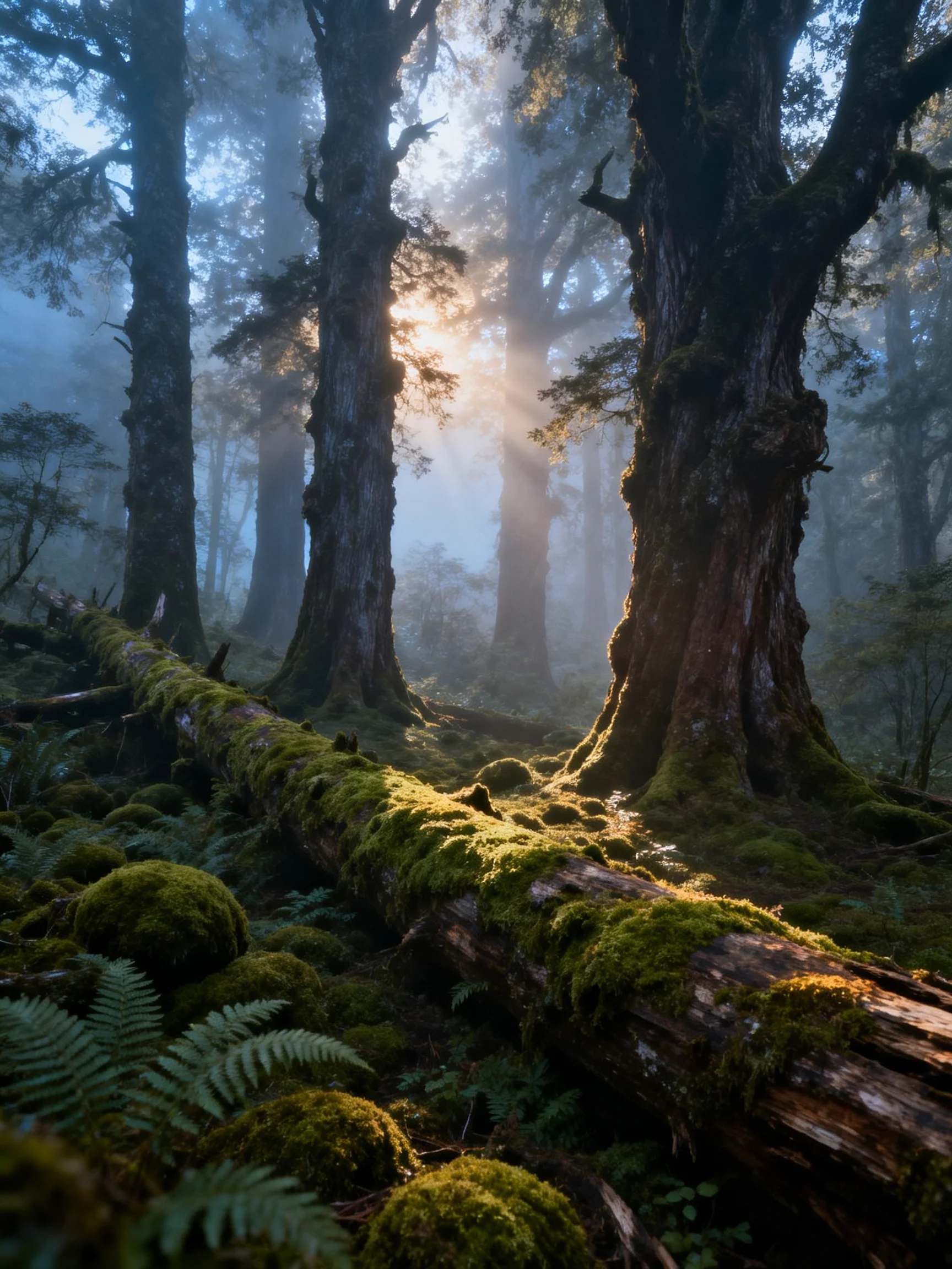Misty Forest with Ancient Trees and Moss-Covered Logs
