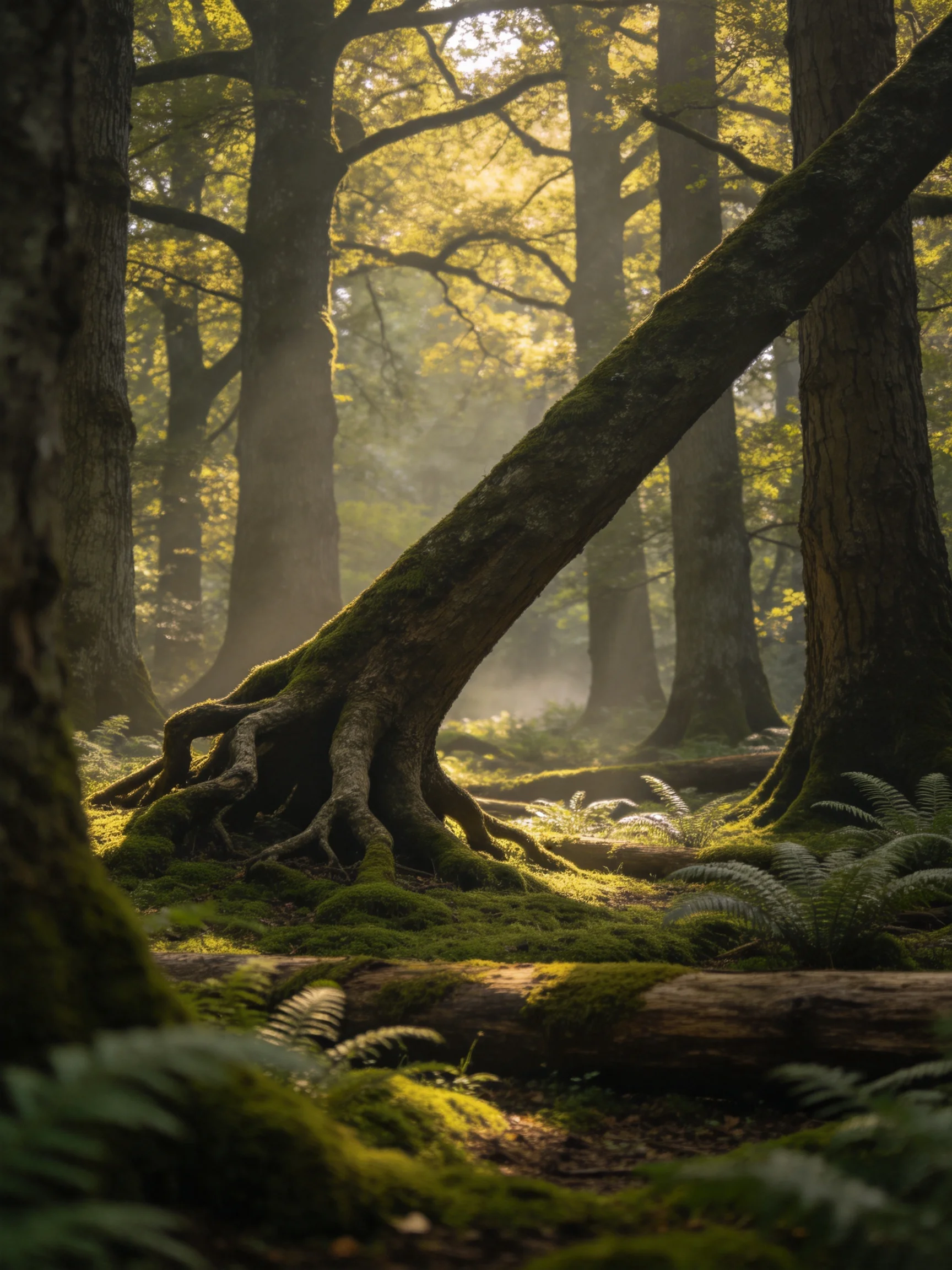 Misty Forest with Ancient Trees and Moss-Covered Roots