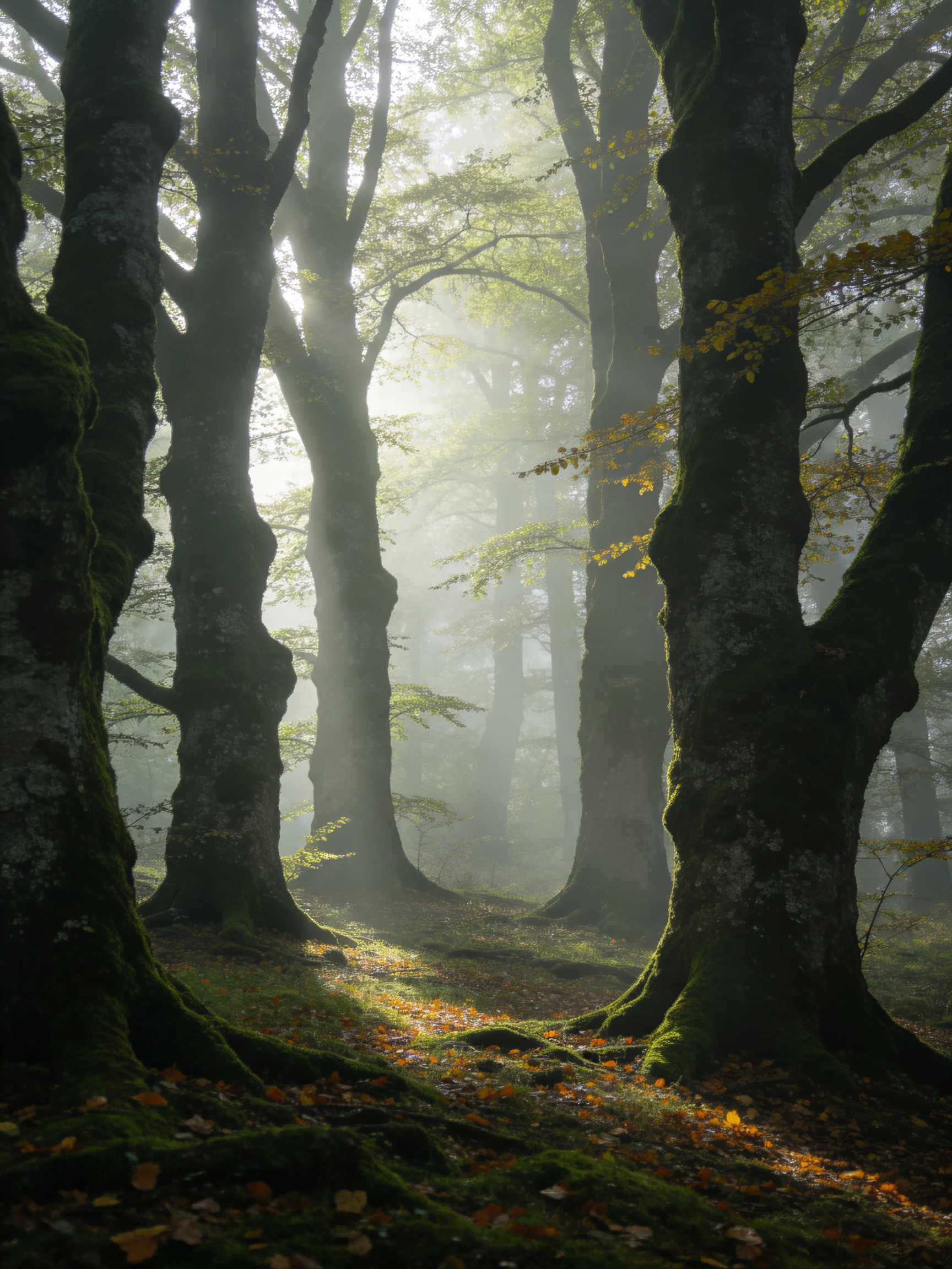 Misty Forest with Ancient Trees and Sunbeams Through Fog