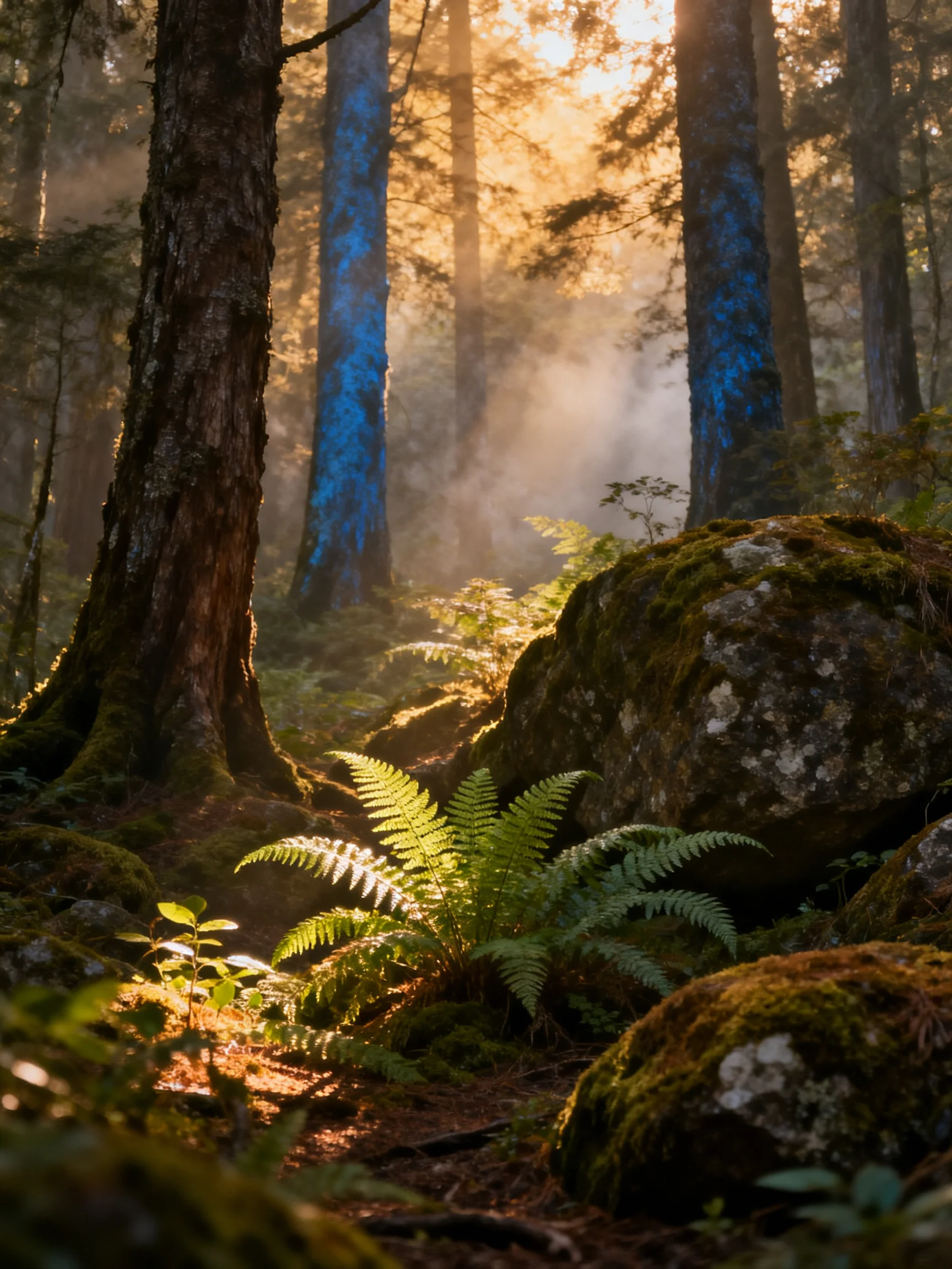 Misty Forest with Blue-Trunked Trees and Moss-Covered Rocks