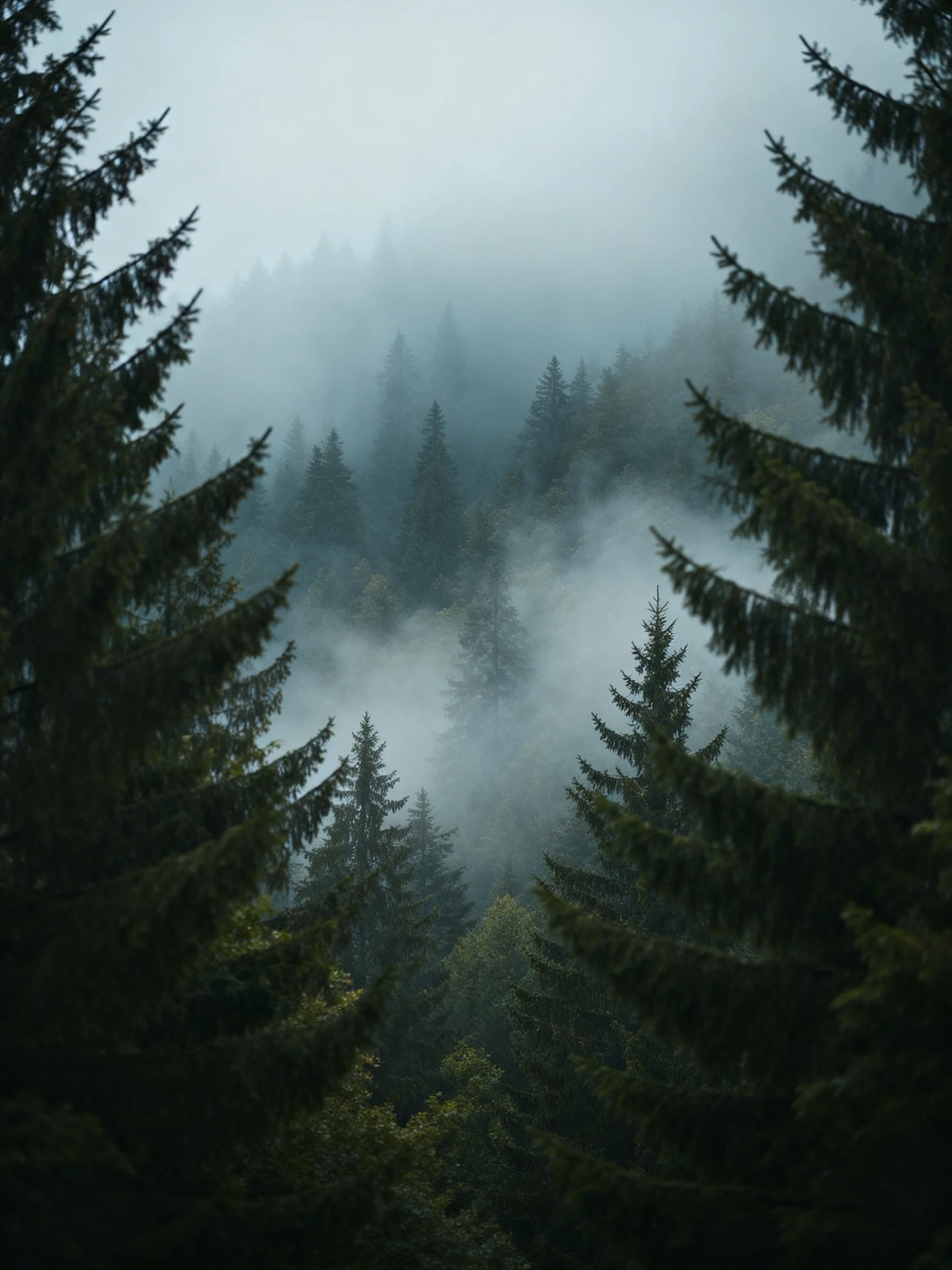 Misty Forest with Dense Evergreen Trees and Hazy Atmosphere
