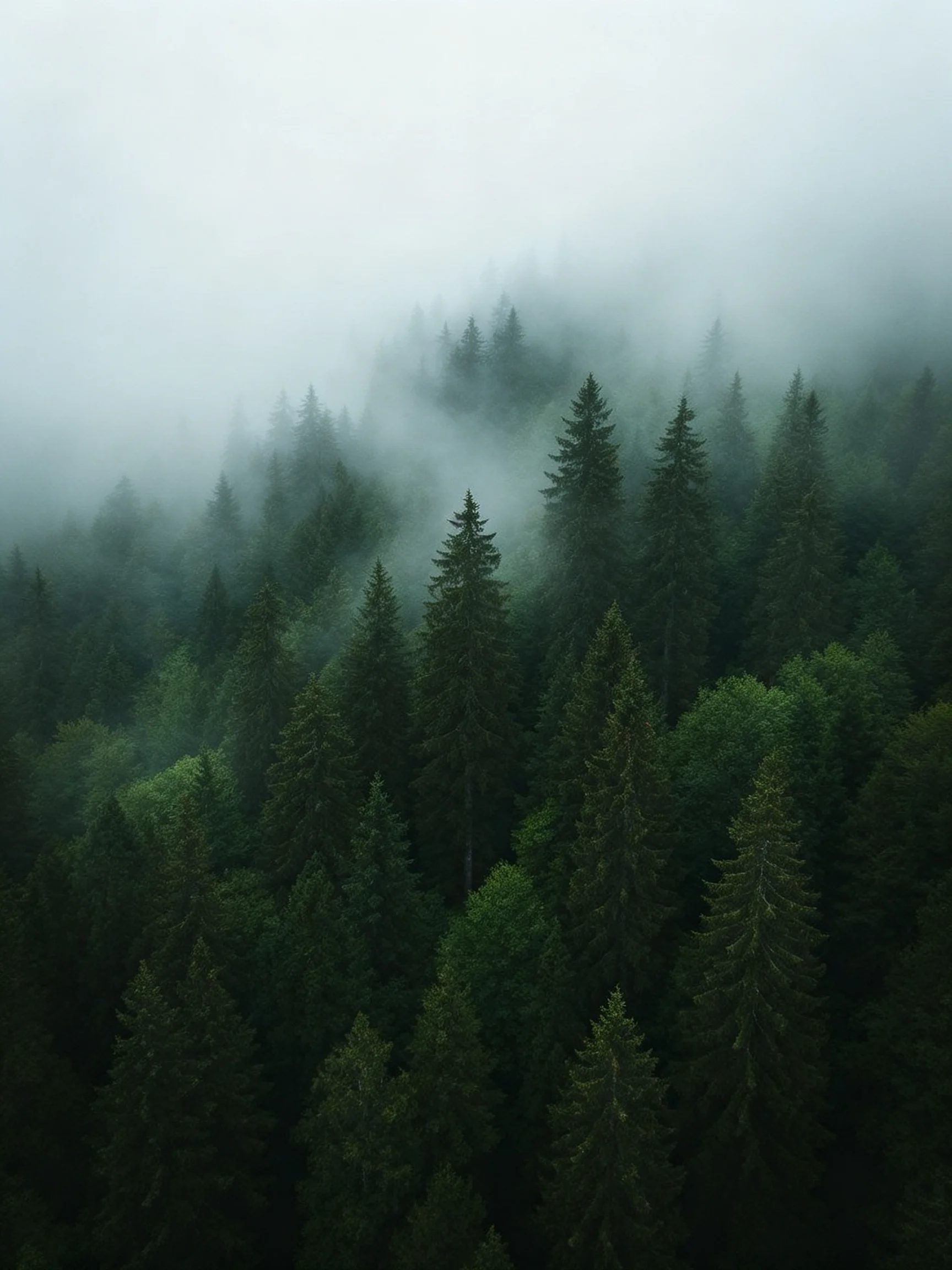 Misty Forest with Dense Evergreen Trees and Hazy Atmosphere