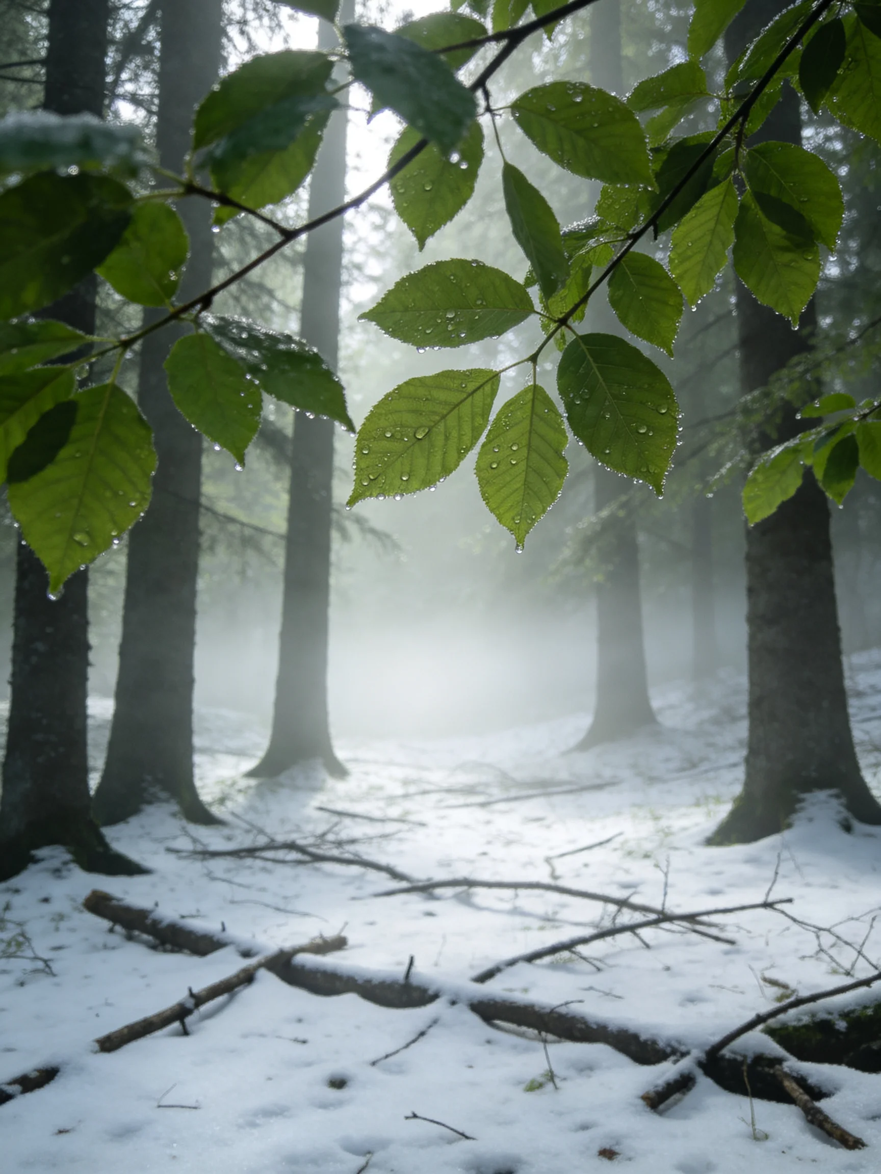 Misty Forest with Dew-Covered Green Leaves and Snow-Laden Ground