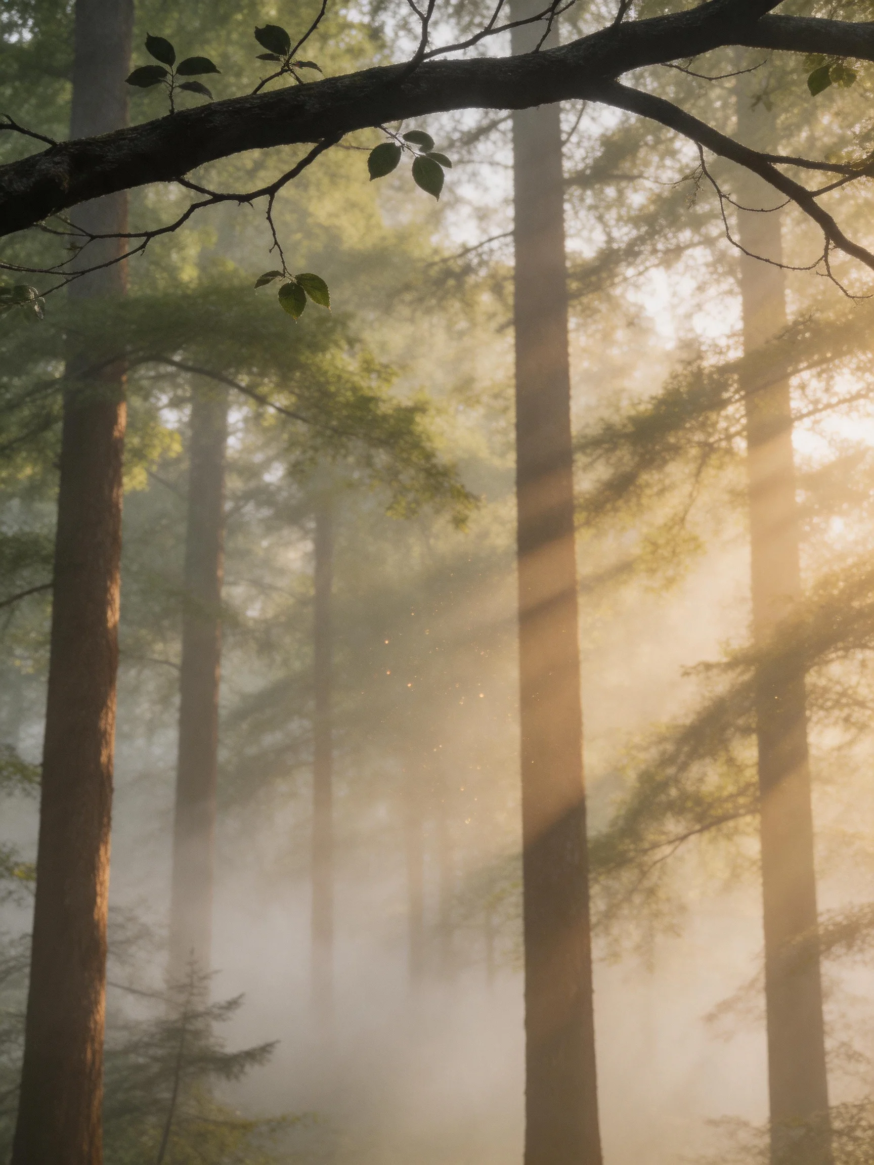 Misty Forest with Golden Sunlight Through Tall Evergreens