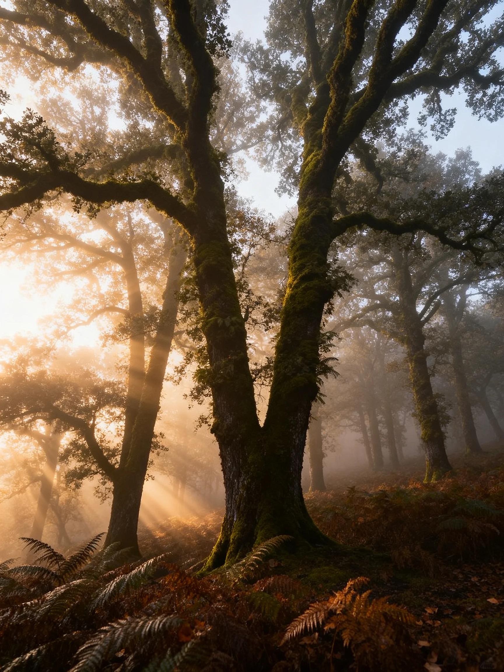 Misty Forest with Moss-Covered Ancient Trees and Golden Sunlight