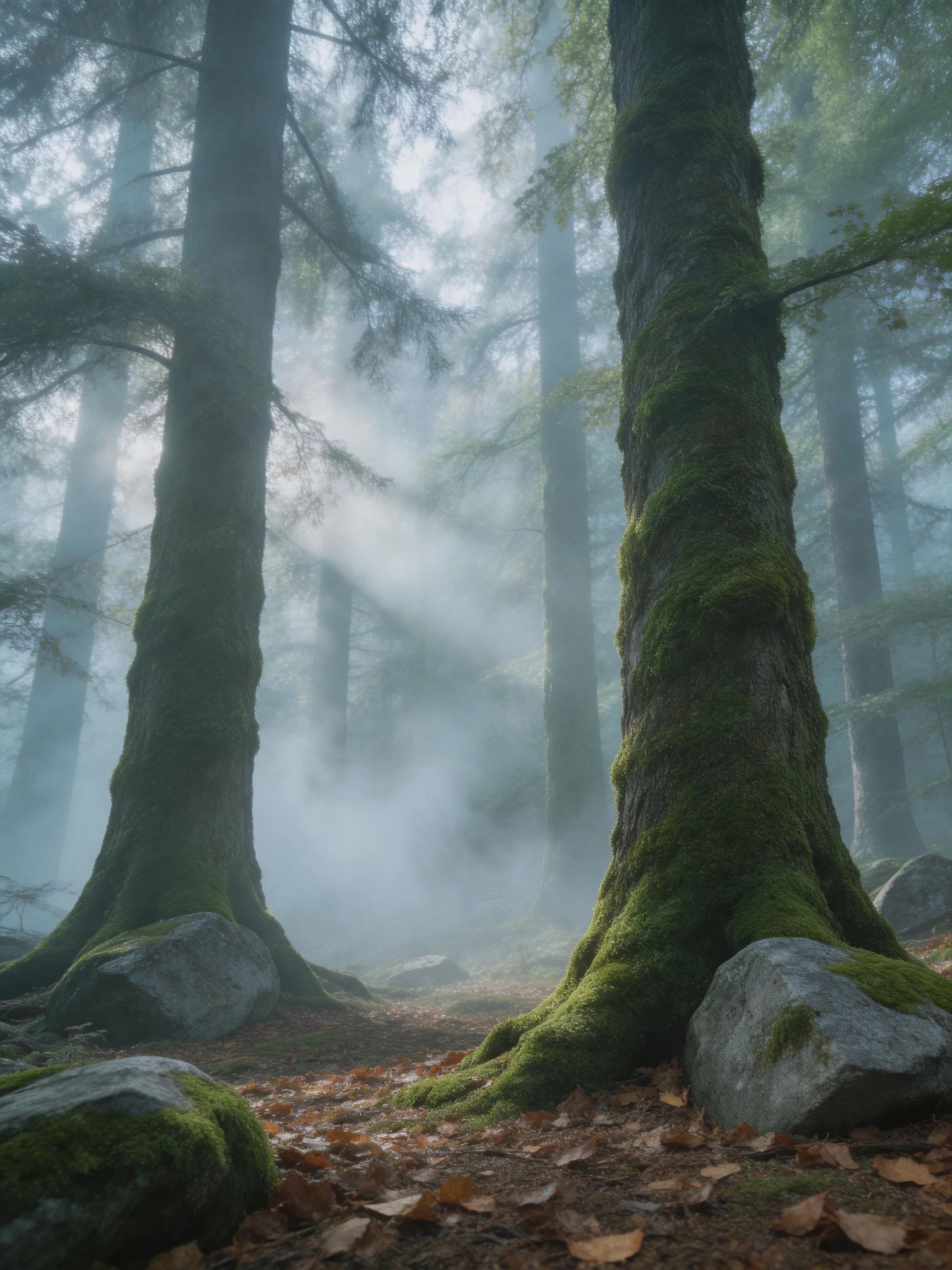 Misty Forest with Moss-Covered Ancient Trees and Large Rocks