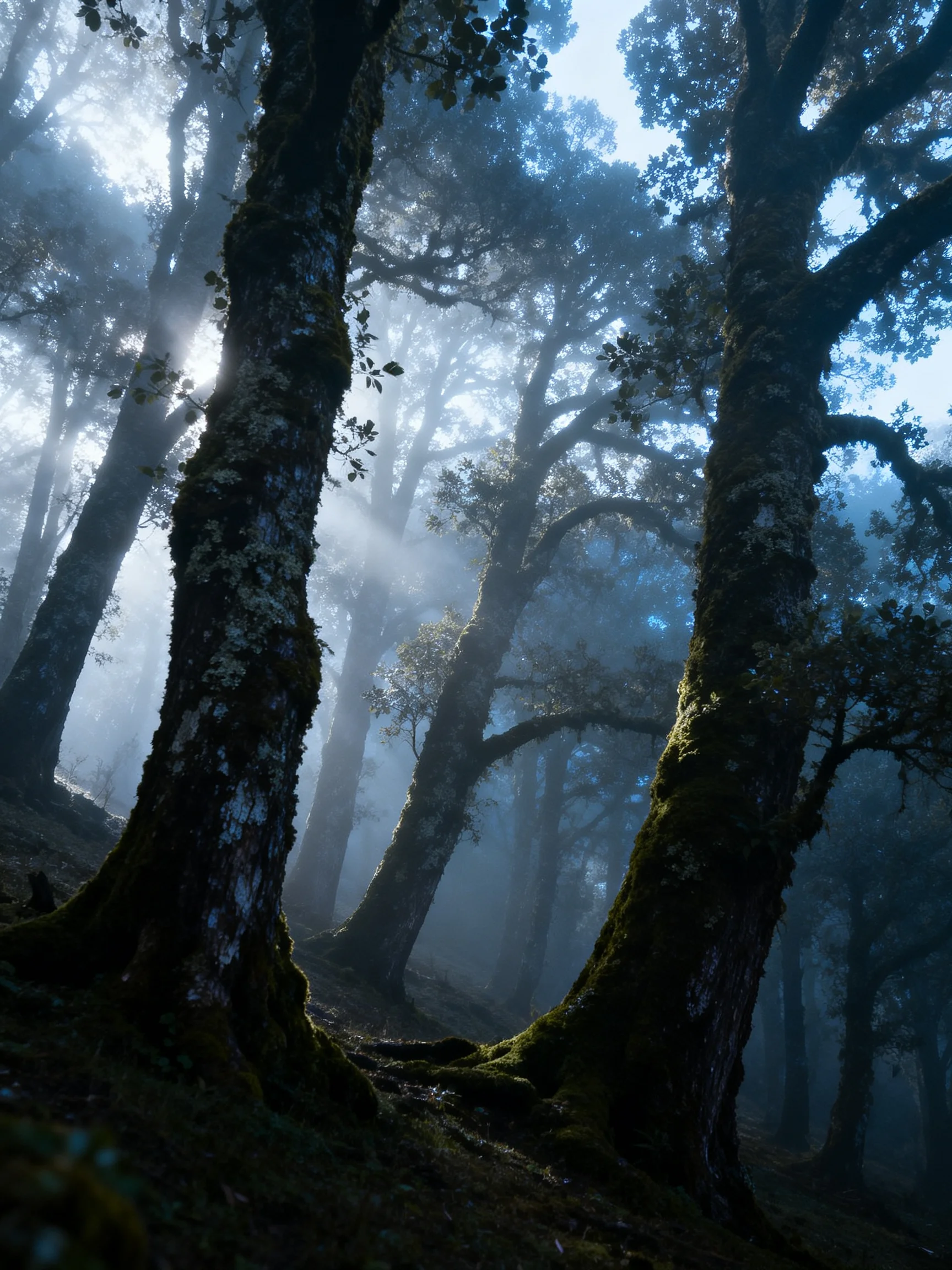 Misty Forest with Moss-Covered Ancient Trees and Sunlight Beams