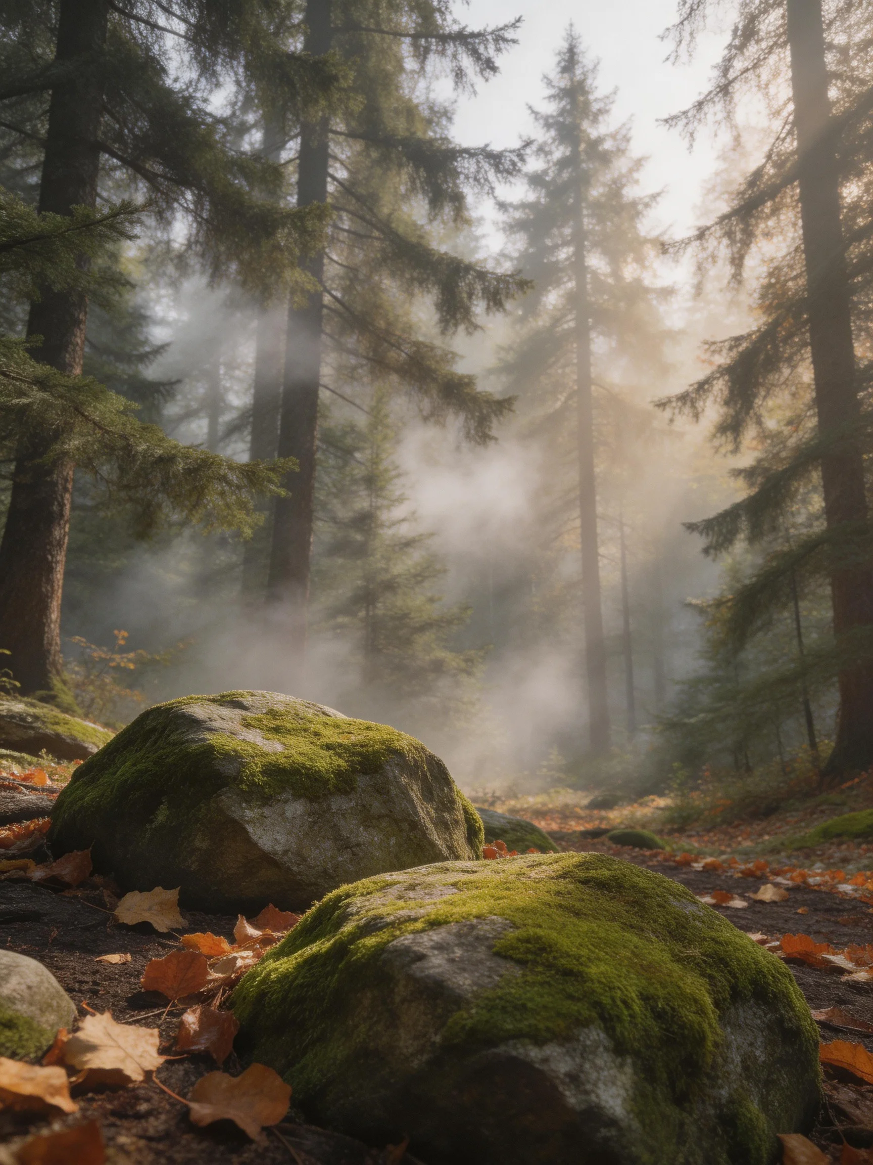 Misty Forest with Moss-Covered Boulders and Autumn Foliage