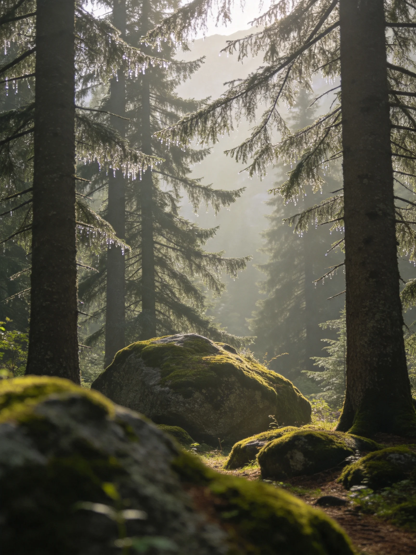 Misty Forest with Moss-Covered Boulders and Tall Evergreens